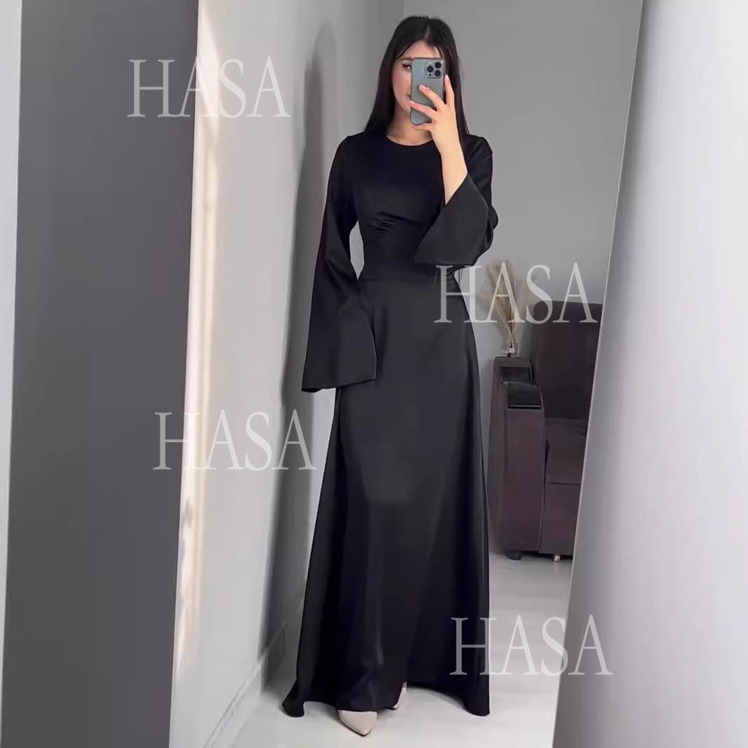 HASA HS6757 Classic Round Neck Flowy Maxi Dress