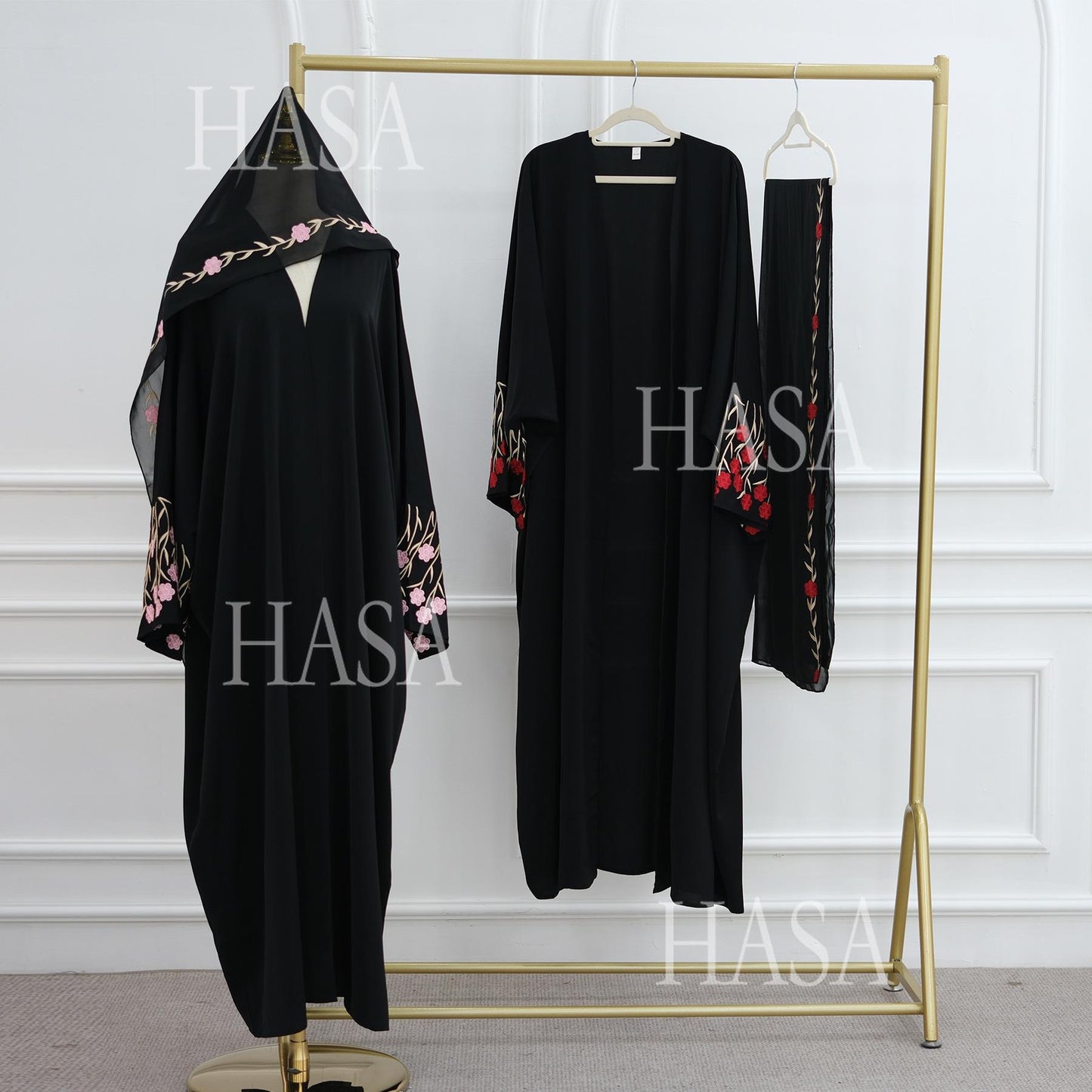 HS6529 Embroidered cardigan robe with headscarf, optional inner wear combination