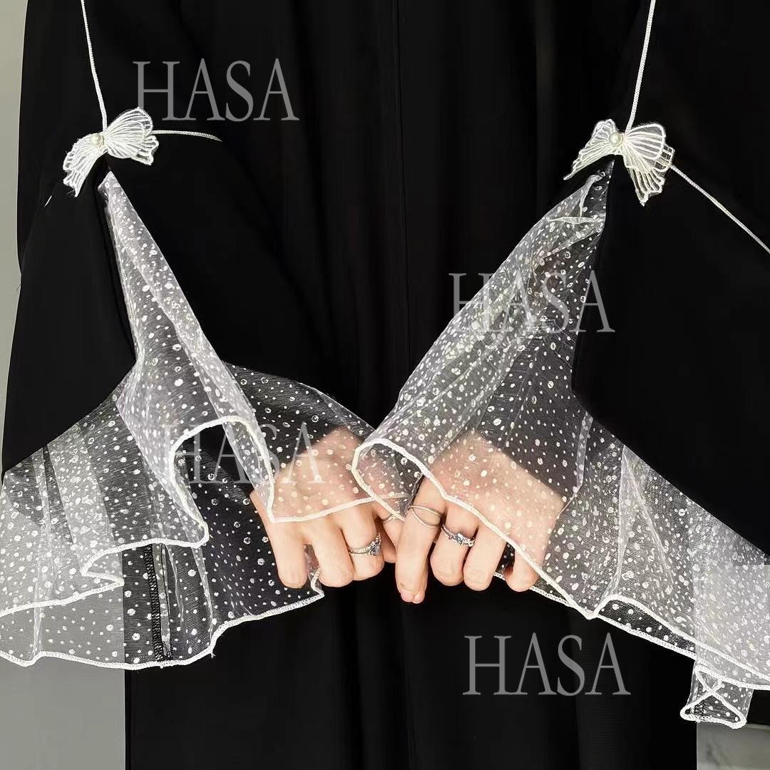 HASA's series HS6563 Elegant Lace Paneled Bow Cuff Robe Dress