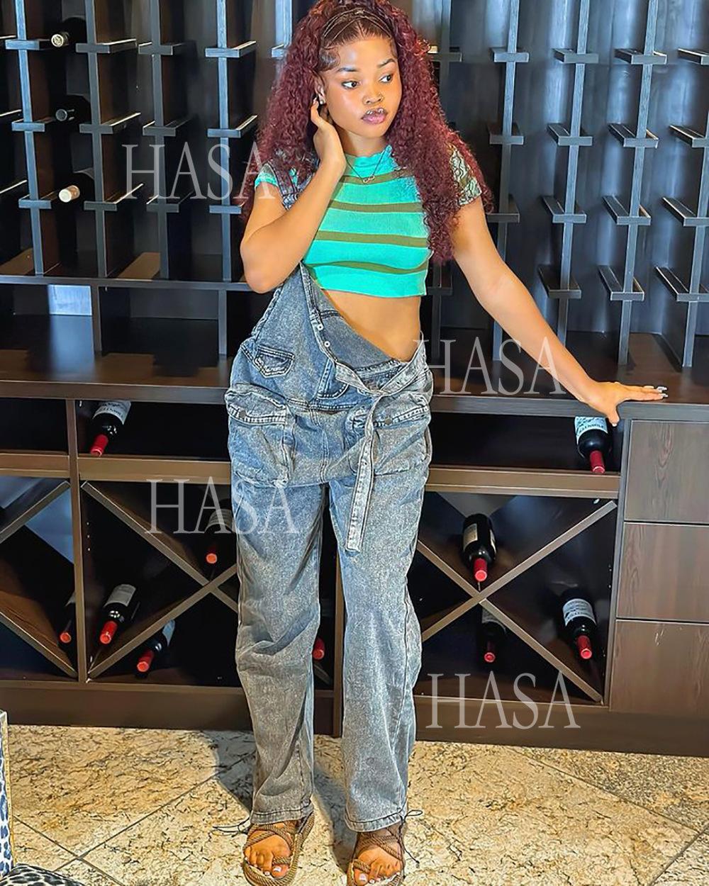 HASA HS4518 Bold Streetwear Split Leg Denim Jumpsuit Pants