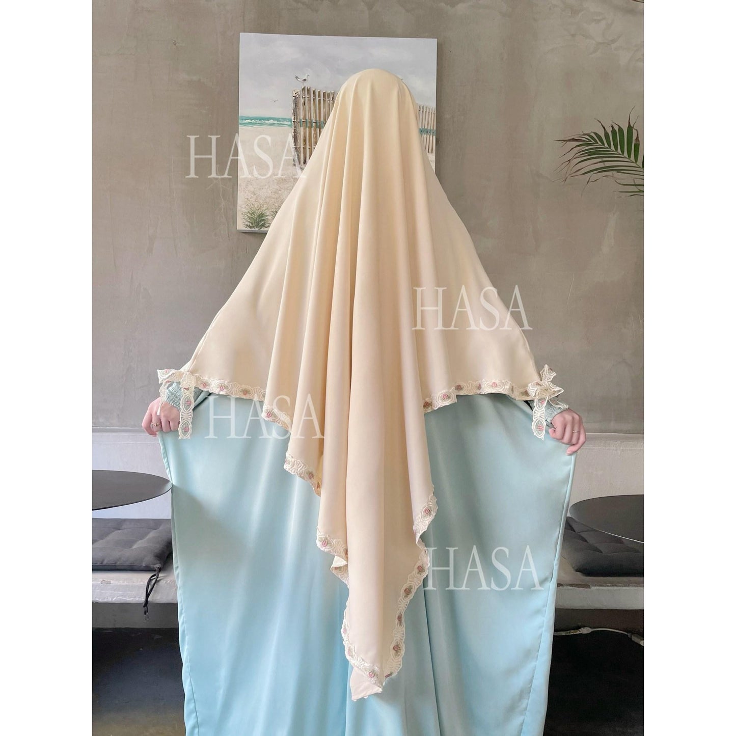 HS6569 Bow-decorated Solid Color Single-layer Headscarf with Three-layer Embroidery