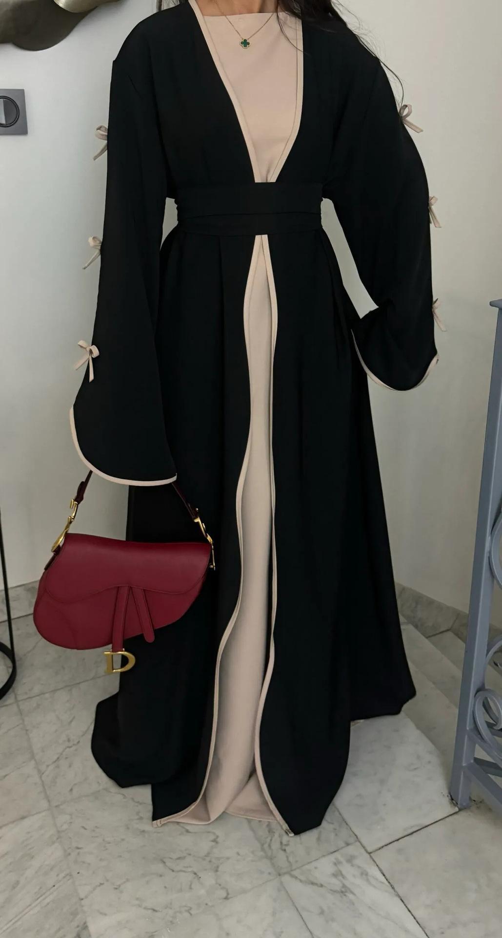 HS5883  A Two-piece Robe and Skirt Set with A Soft Bow and A Belt Design open abaya outfit