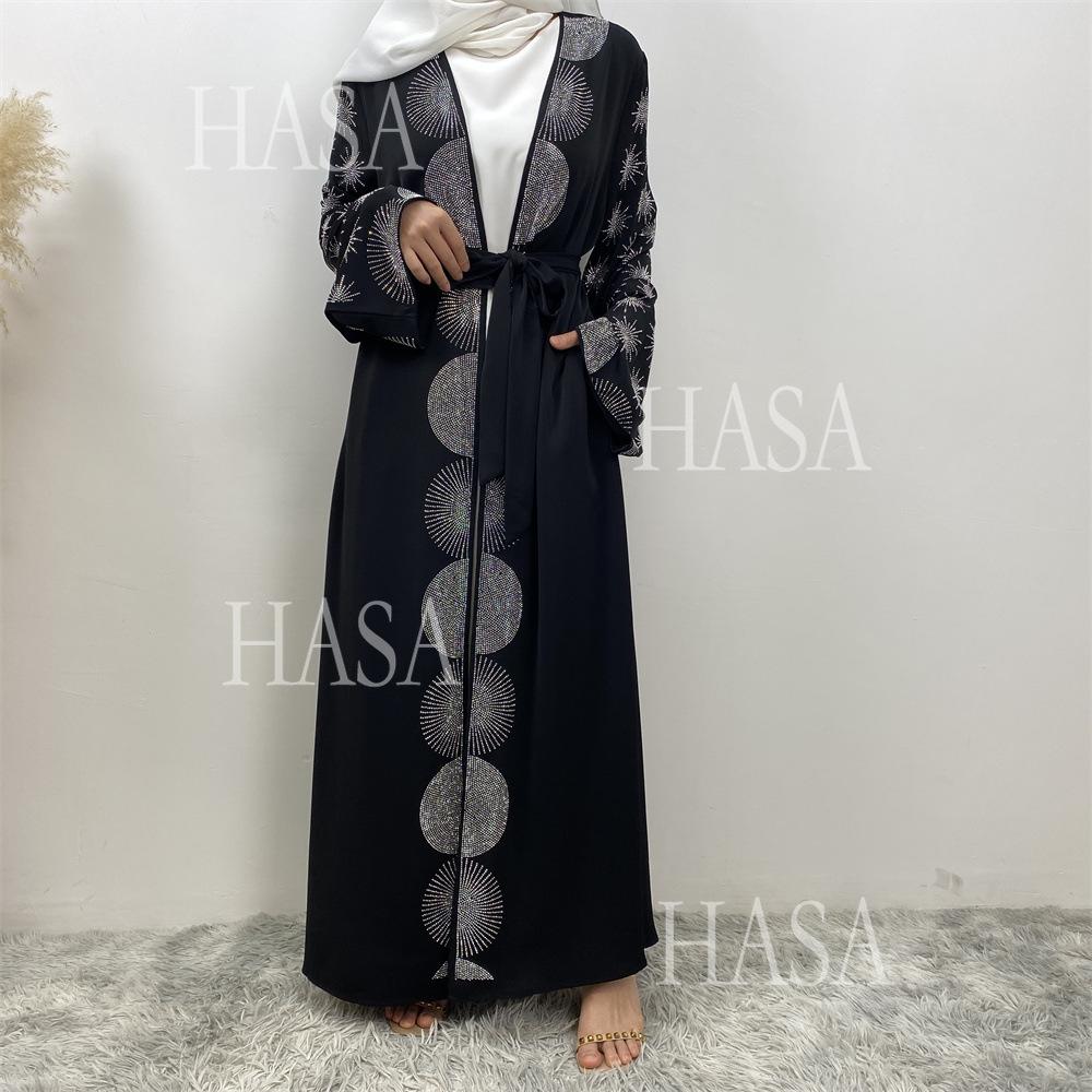 HS6588 Black Cardigan Dress with Rhinestone Embellishment and Pockets