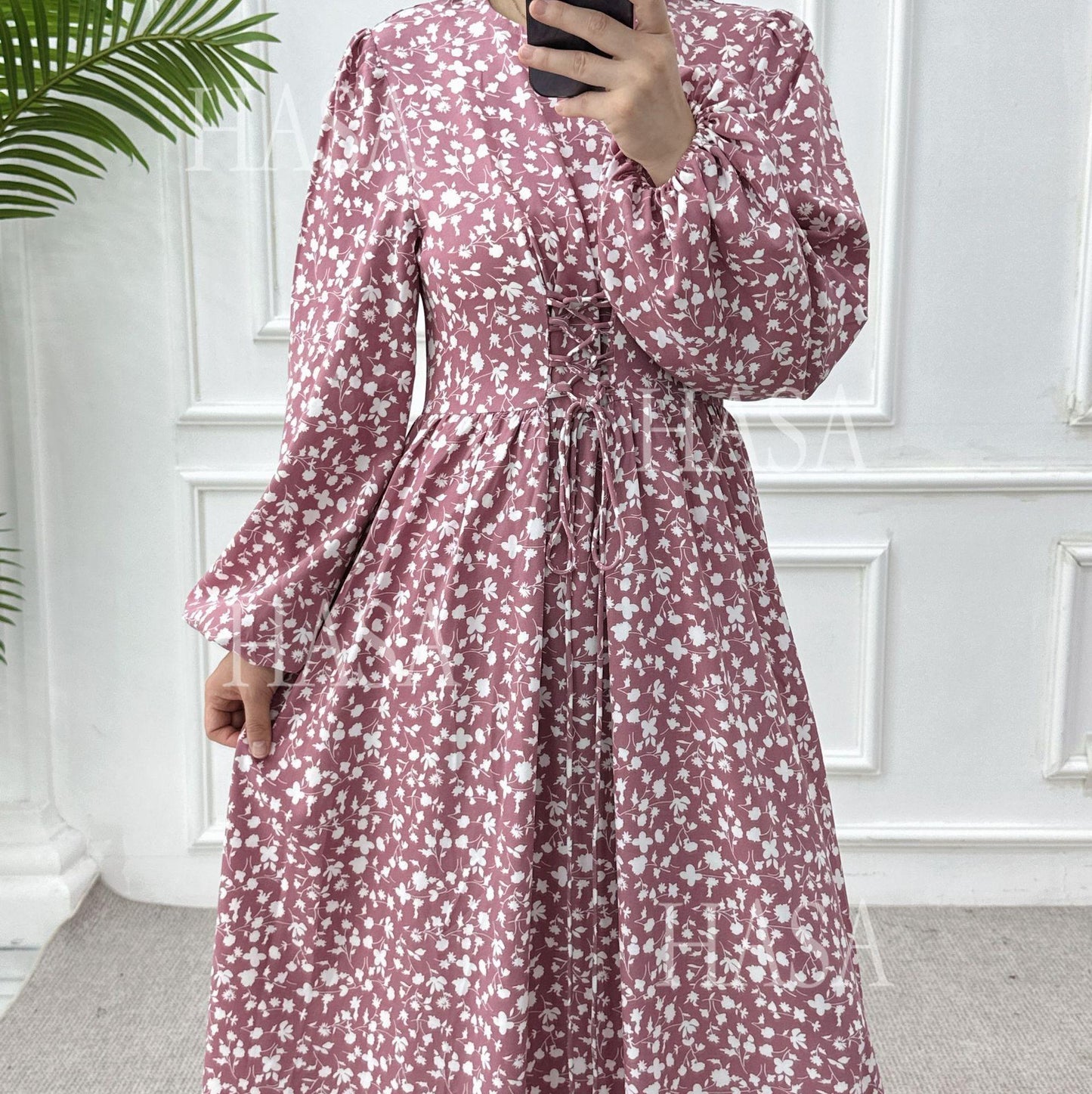 HS6489 Long-sleeved Floral Maxi Dress with Natural Waist