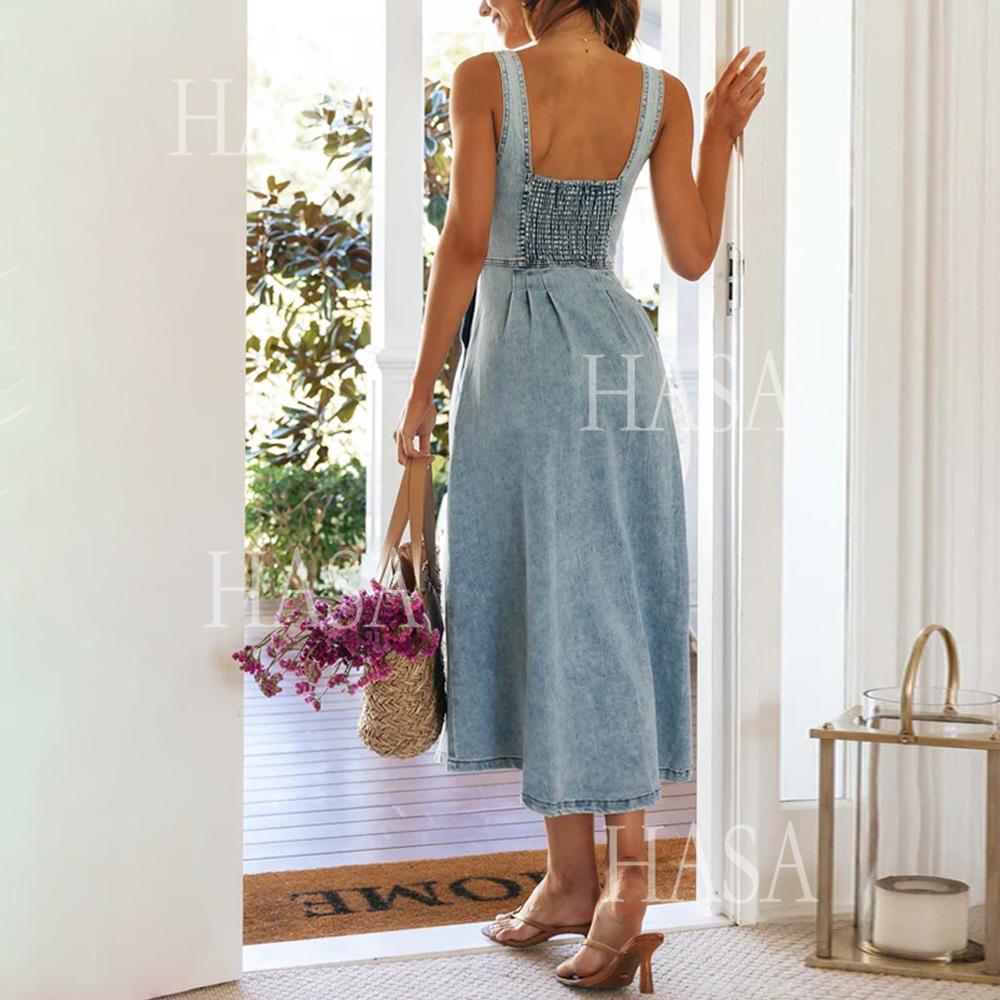HASA HS6796 Button Front Denim Dress with Flattering Fit