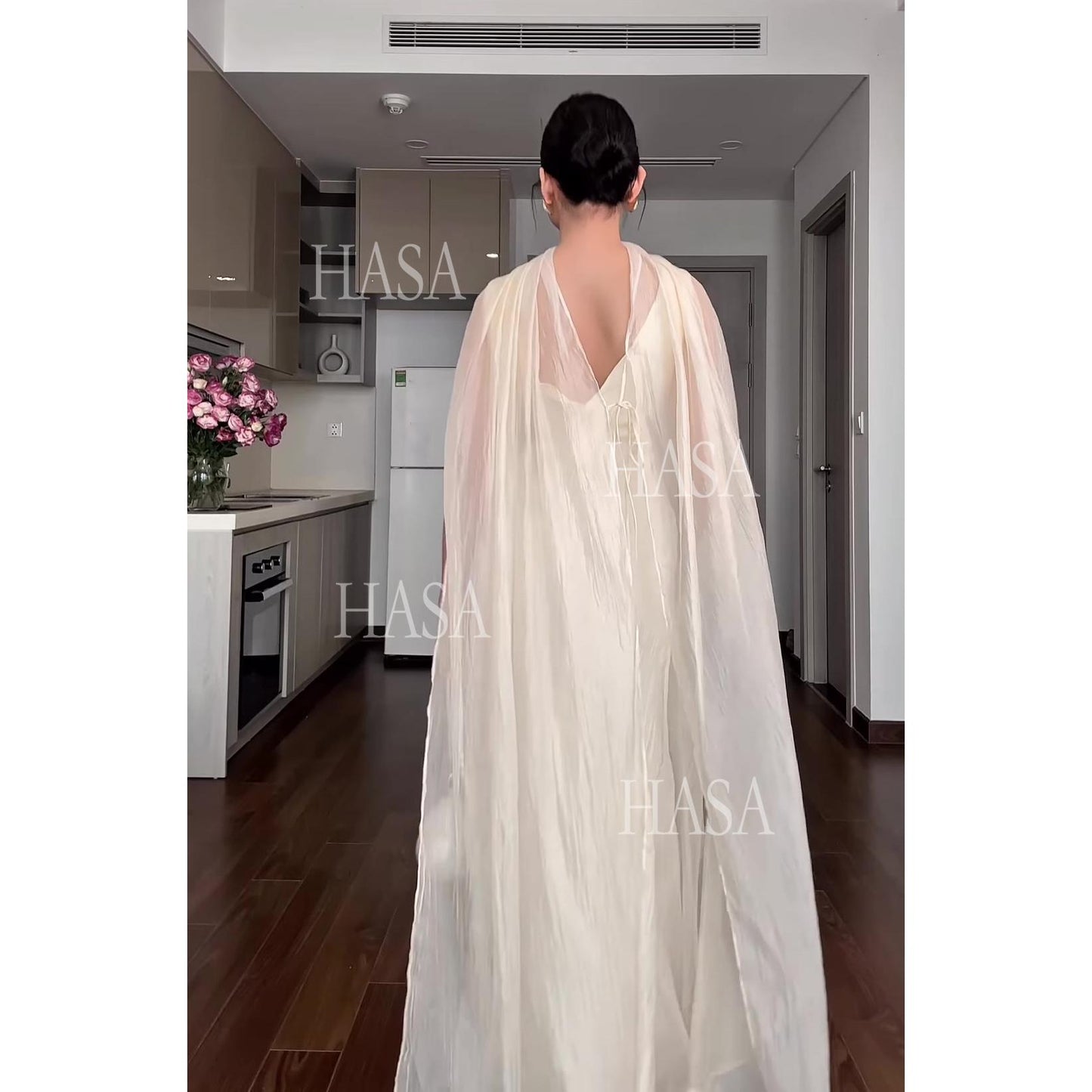 HS6742 Luxury High Neck Cape Dress Flowy Floor-Length Evening Maxi Gown