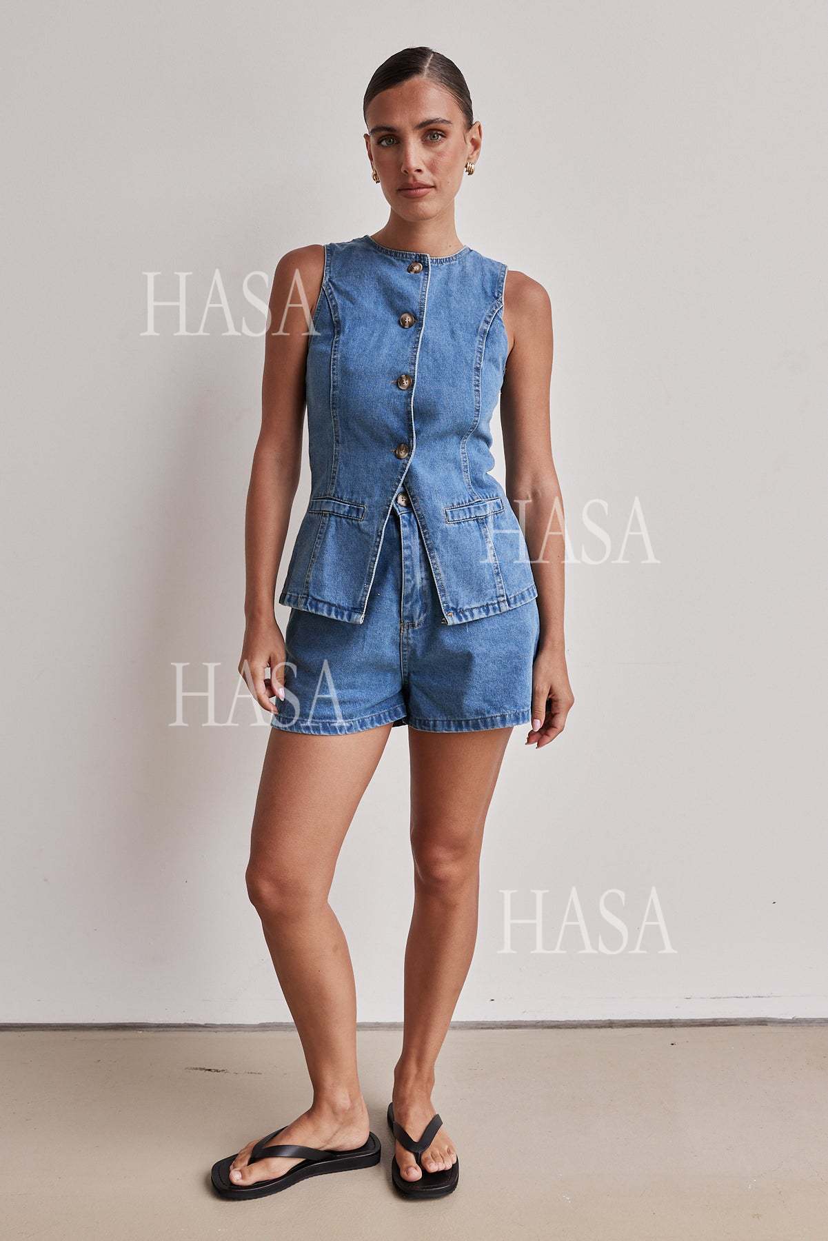 HASA HS6097 Women’s Button Front Denim Top with Matching Shorts