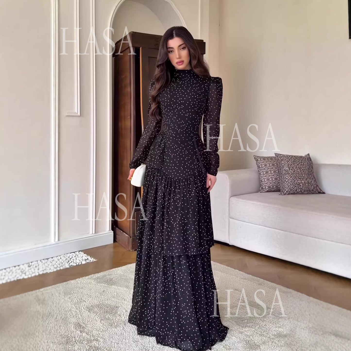HASA's Series HS6743 Chic Black Polka Dot Long Dress High Neck Long Sleeve Maxi Dress