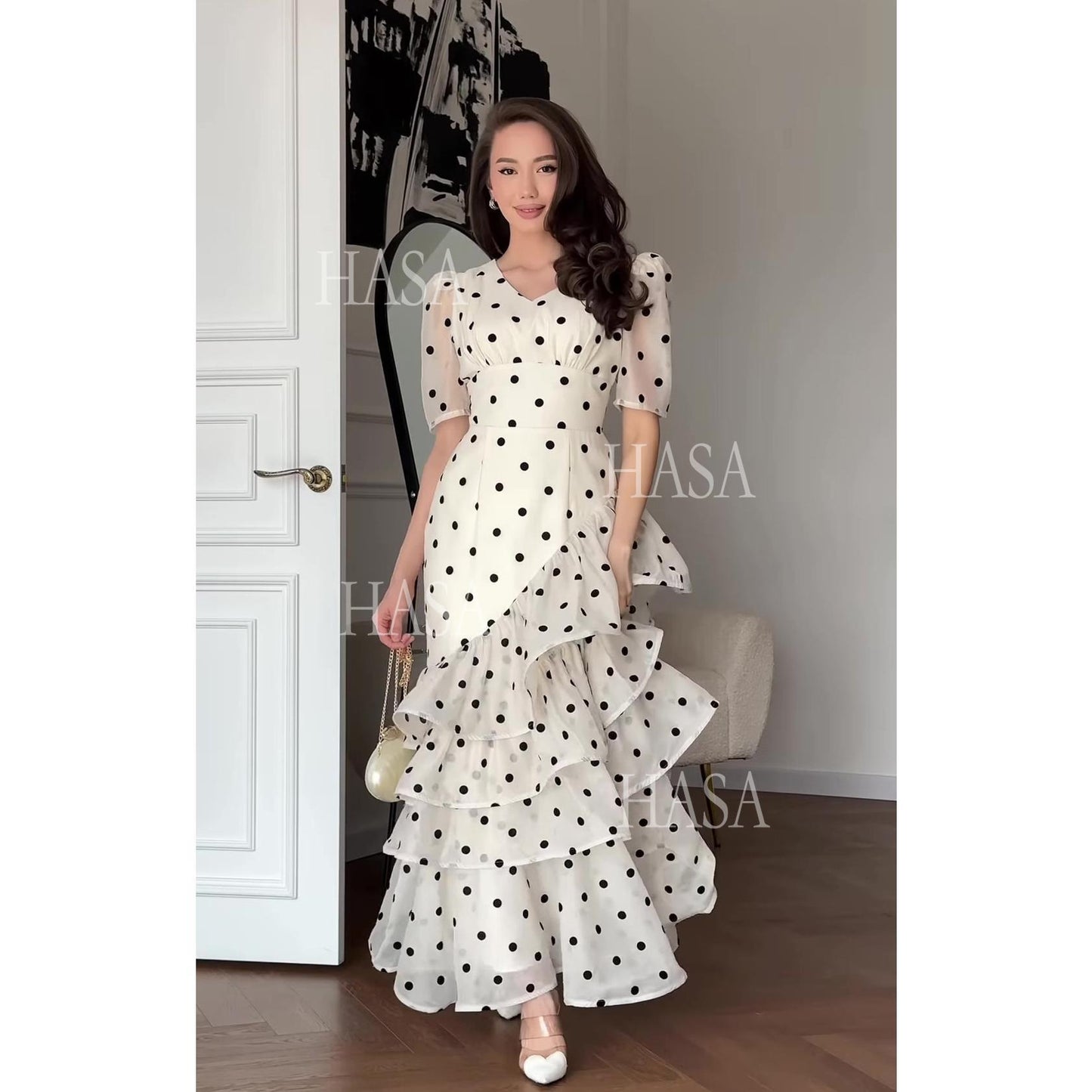 HS6749 Soft Girl Polka Dot Maxi Dress