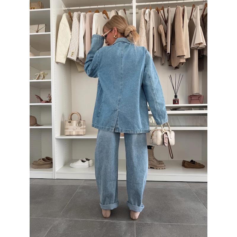 HS6181 Fashionable Casual Loose Washed Blue Denim Women's Blazer