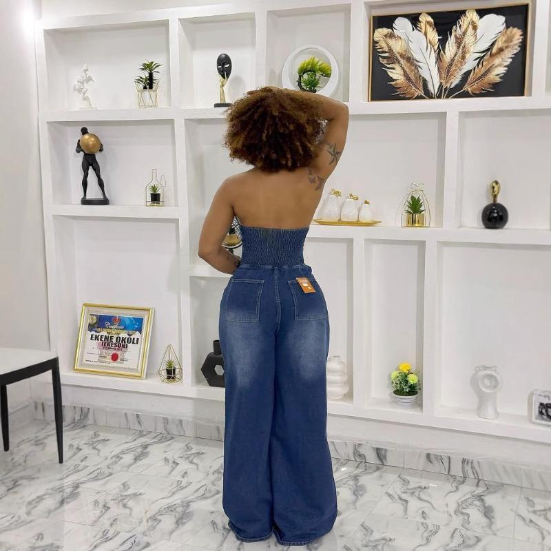 HS6354 Lapel Collar Single-breasted Backless Denim Jumpsuit