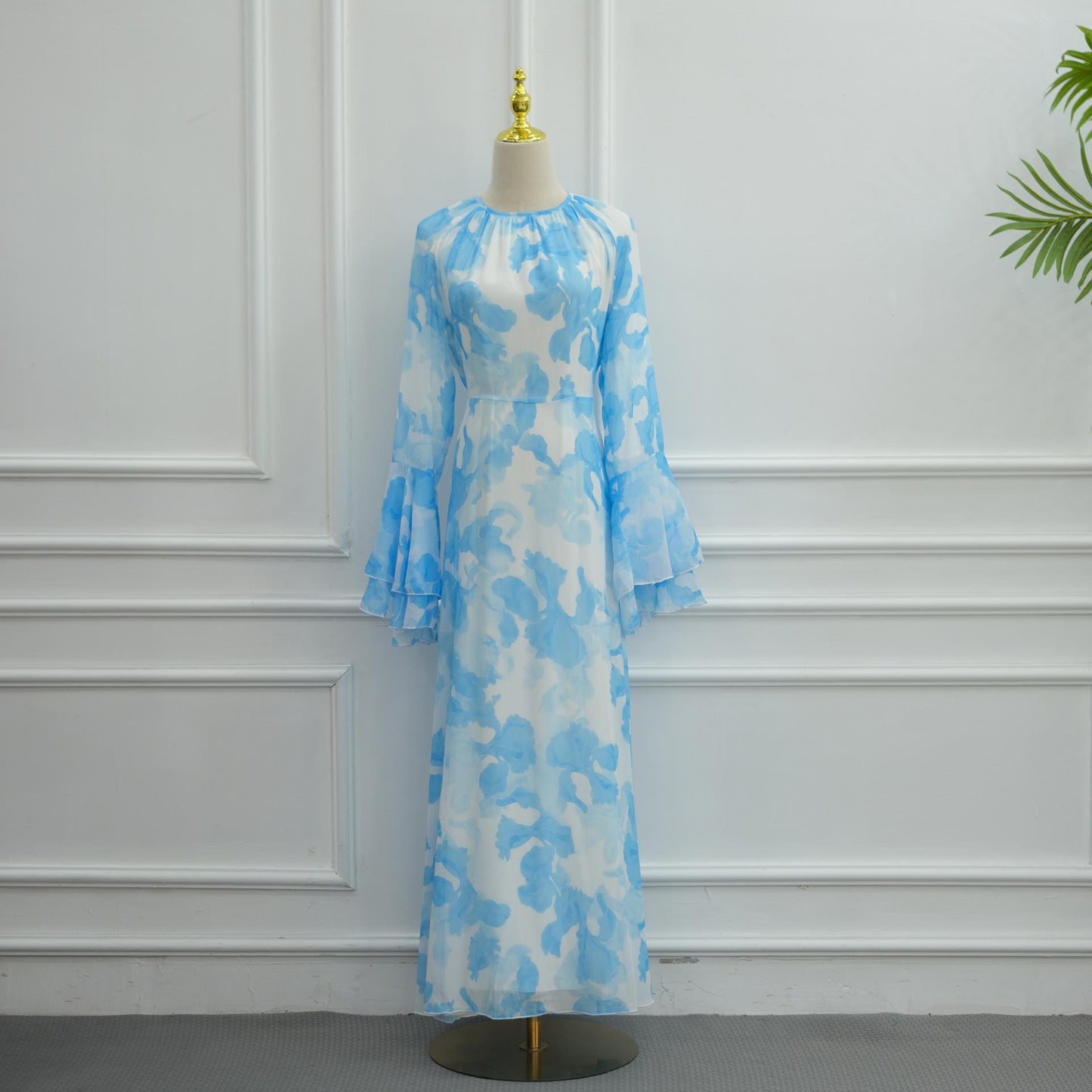 HASA HS6811 Chiffon Floral Maxi Dress Flare Ruffle Sleeve Elegant Long Dress for Women Daily Party Wear