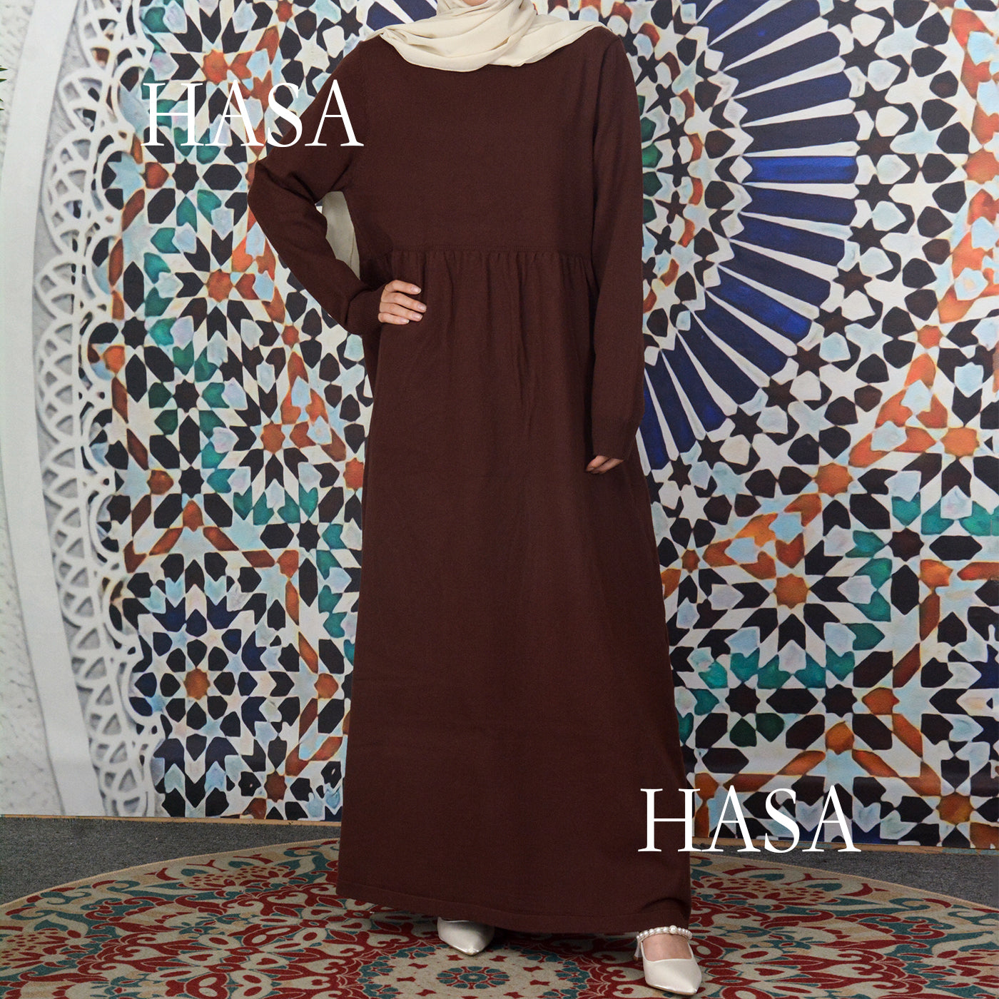 HS0116 Muslim Solid colours knitted long abaya dress in Loose fitting waist