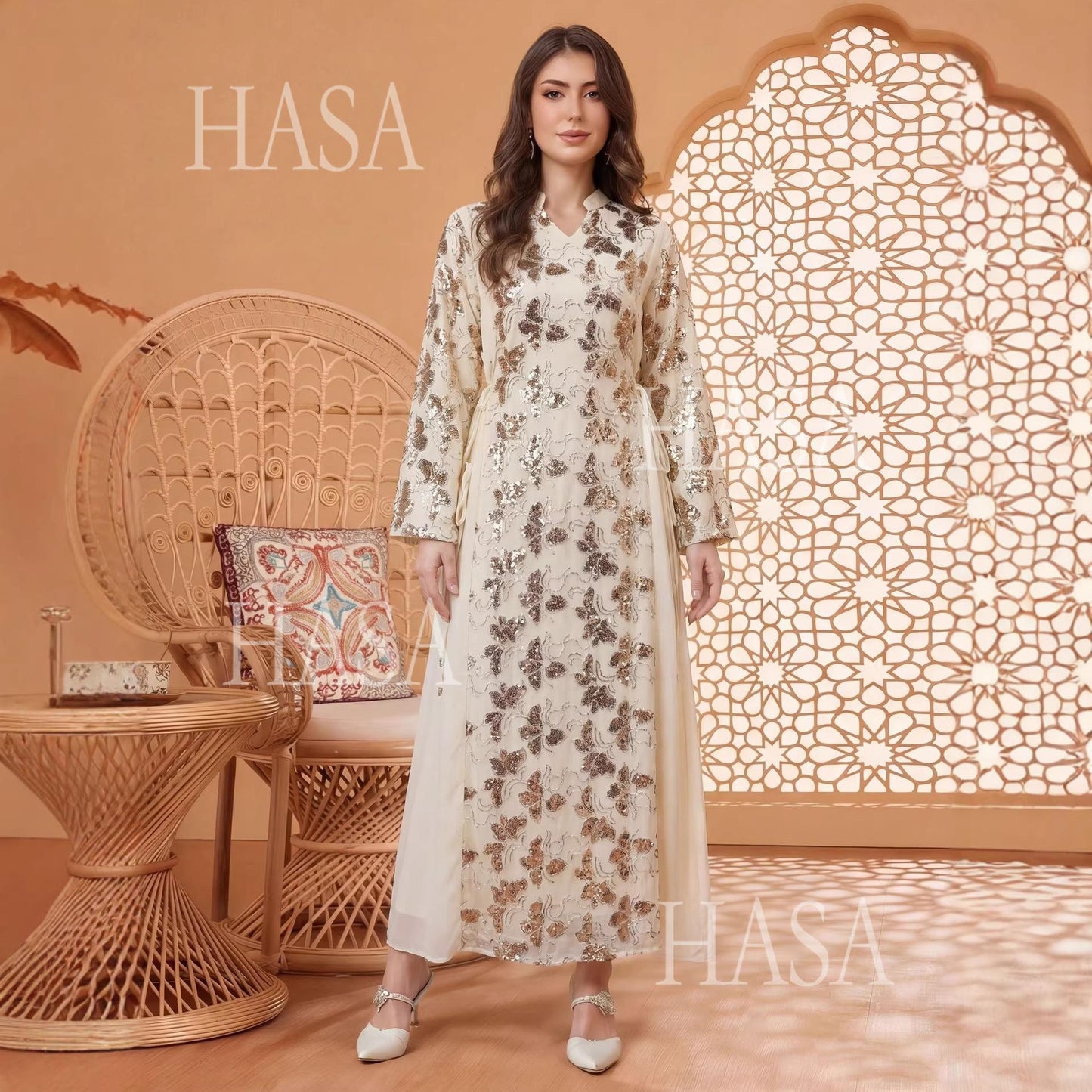 HASA HS6762 Elegant Waist Tie Occasion Abaya