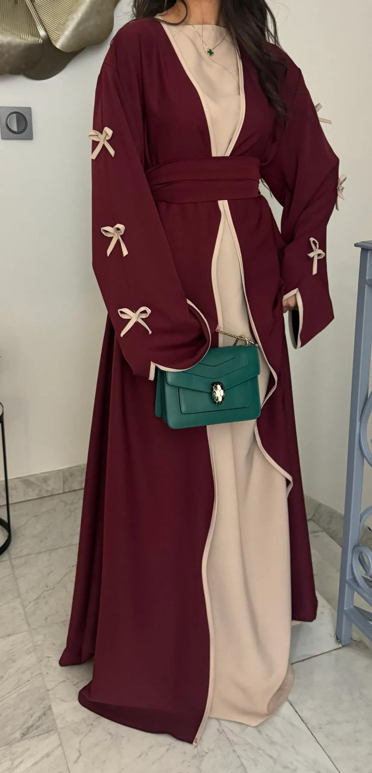 HS5883  A Two-piece Robe and Skirt Set with A Soft Bow and A Belt Design open abaya outfit