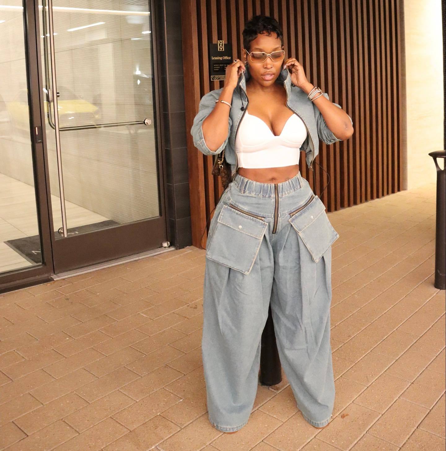Washed denim two piece streetwear outfit for women