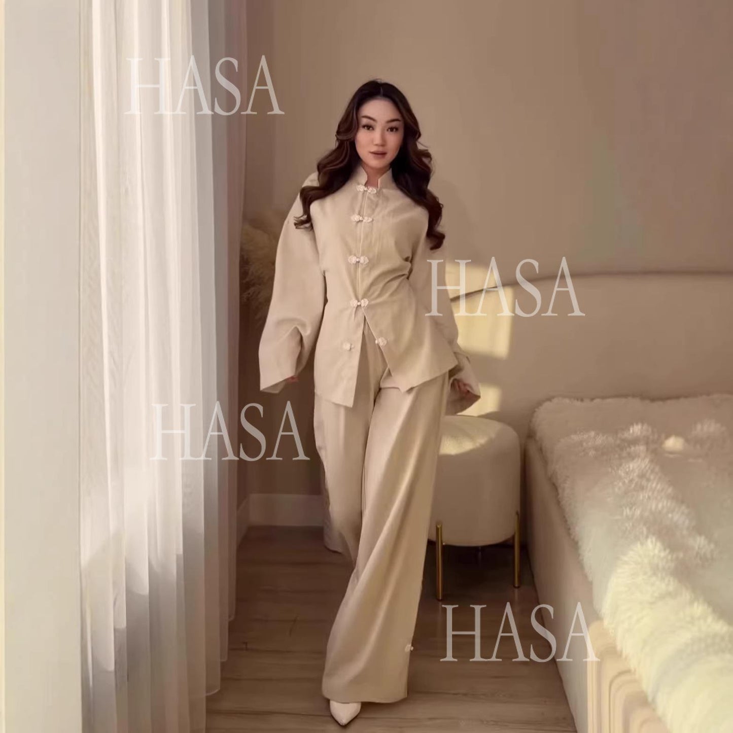 HS6738 Chic Long Sleeve Matching Set with Flowy Pants