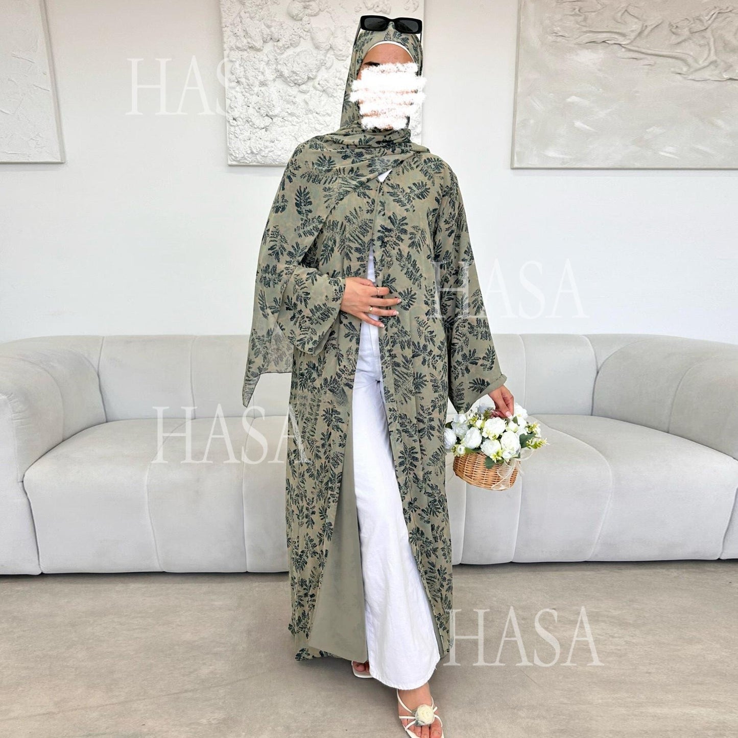 HS6515 Summer Printed Chiffon Jacket and Headscarf Two-Piece Set
