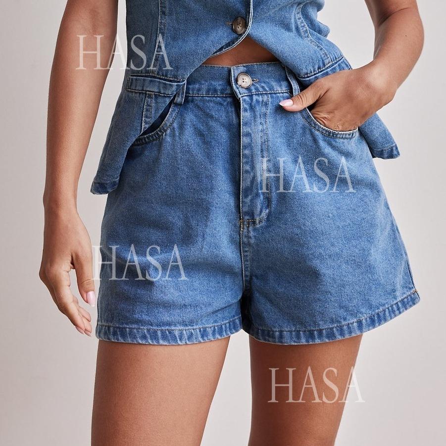 HASA HS6097 Women’s Button Front Denim Top with Matching Shorts