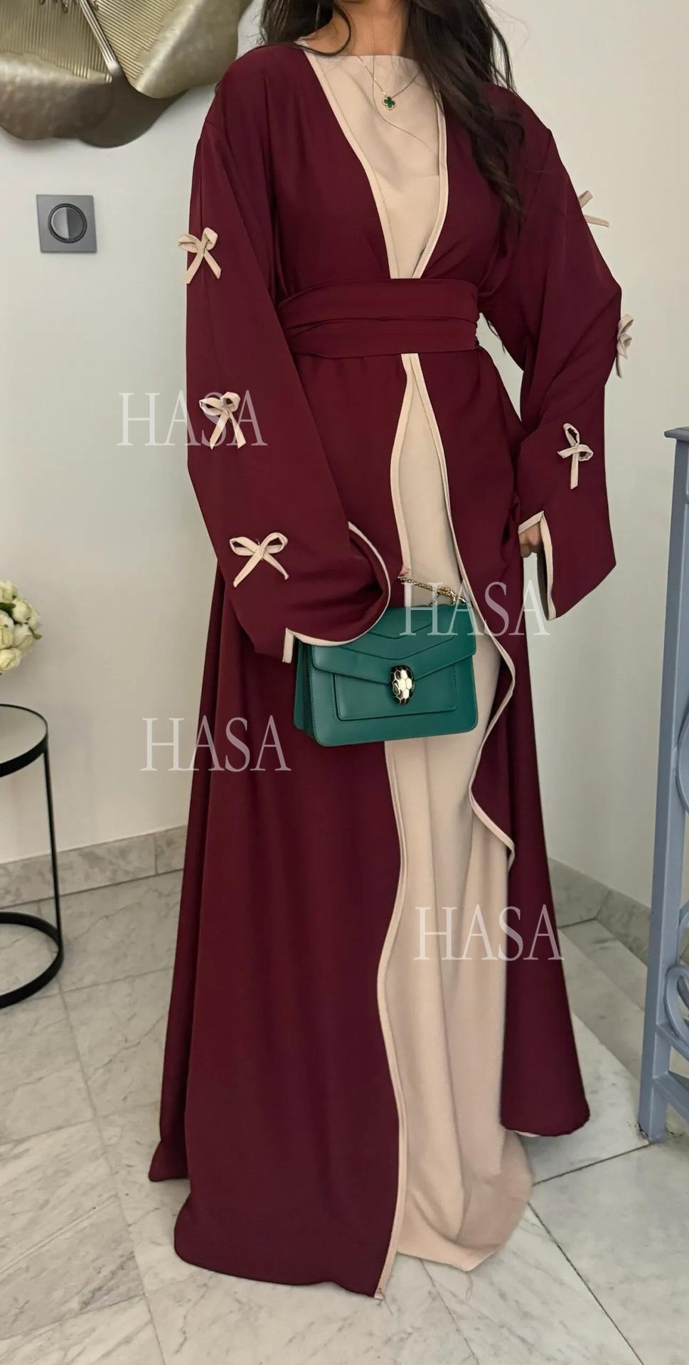 HS5883  A Two-piece Robe and Skirt Set with A Soft Bow and A Belt Design open abaya outfit