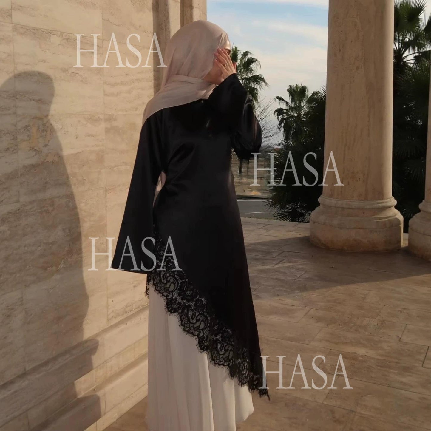 HASA HS6784 Soft Luxury Asymmetric Modest Top with Lace Detail