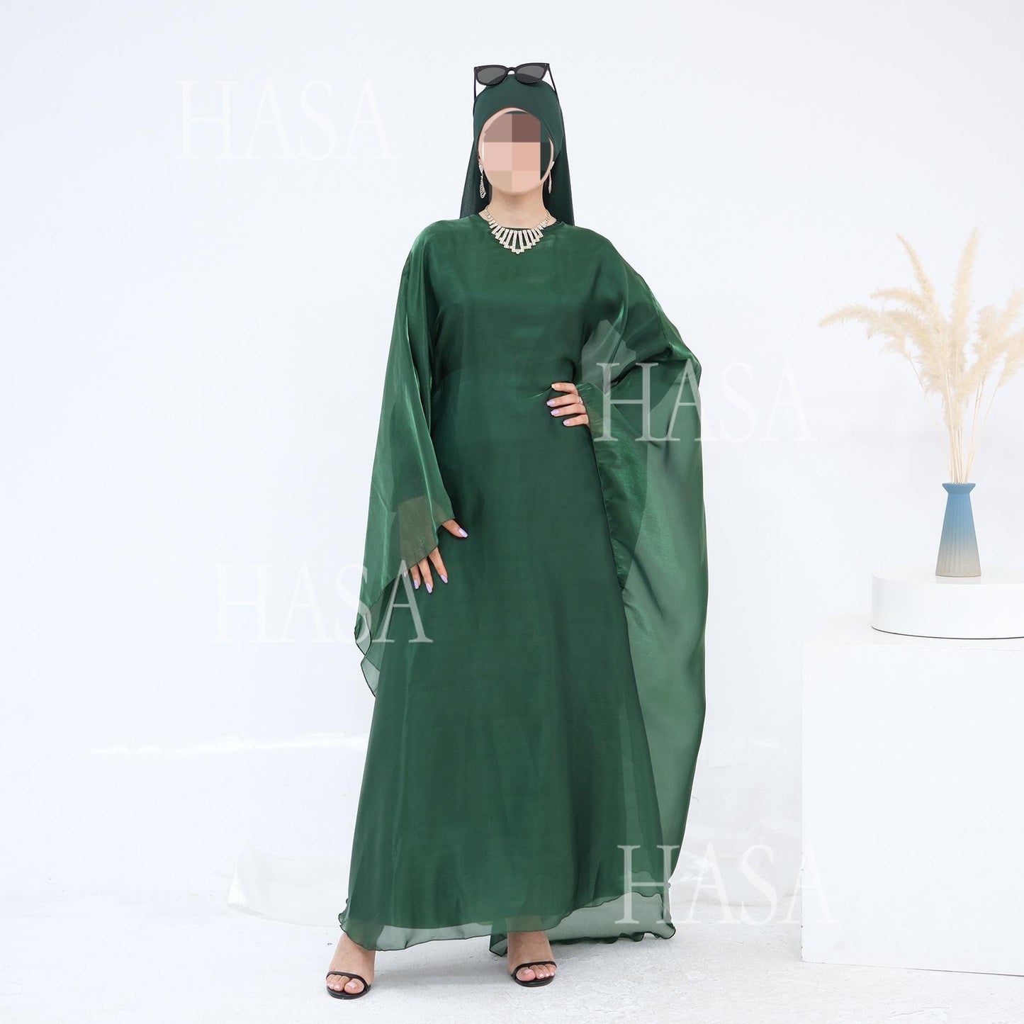 HS6524 Elegant two-piece solid-color robe and dress with optional headscarf