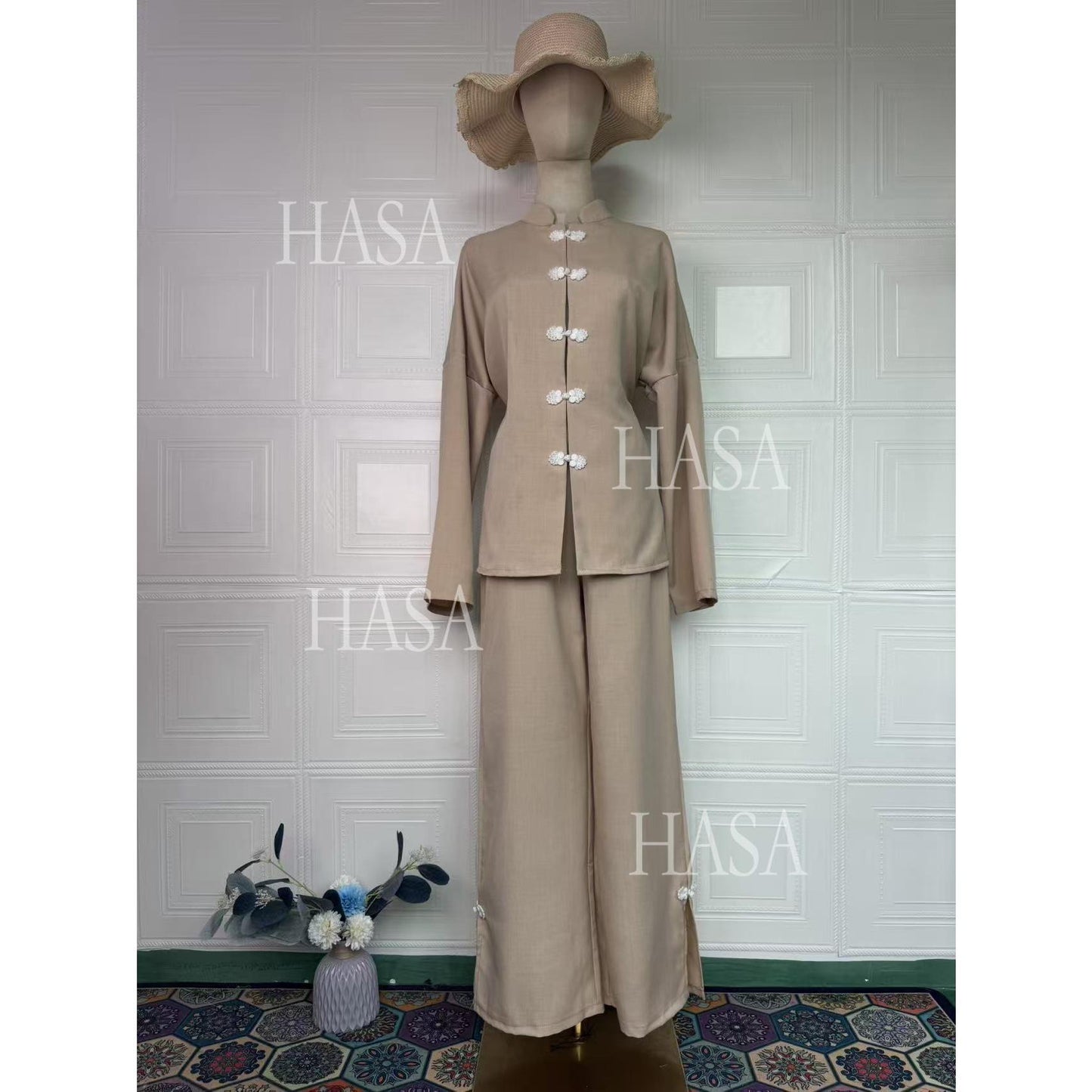 HS6738 Chic Long Sleeve Matching Set with Flowy Pants