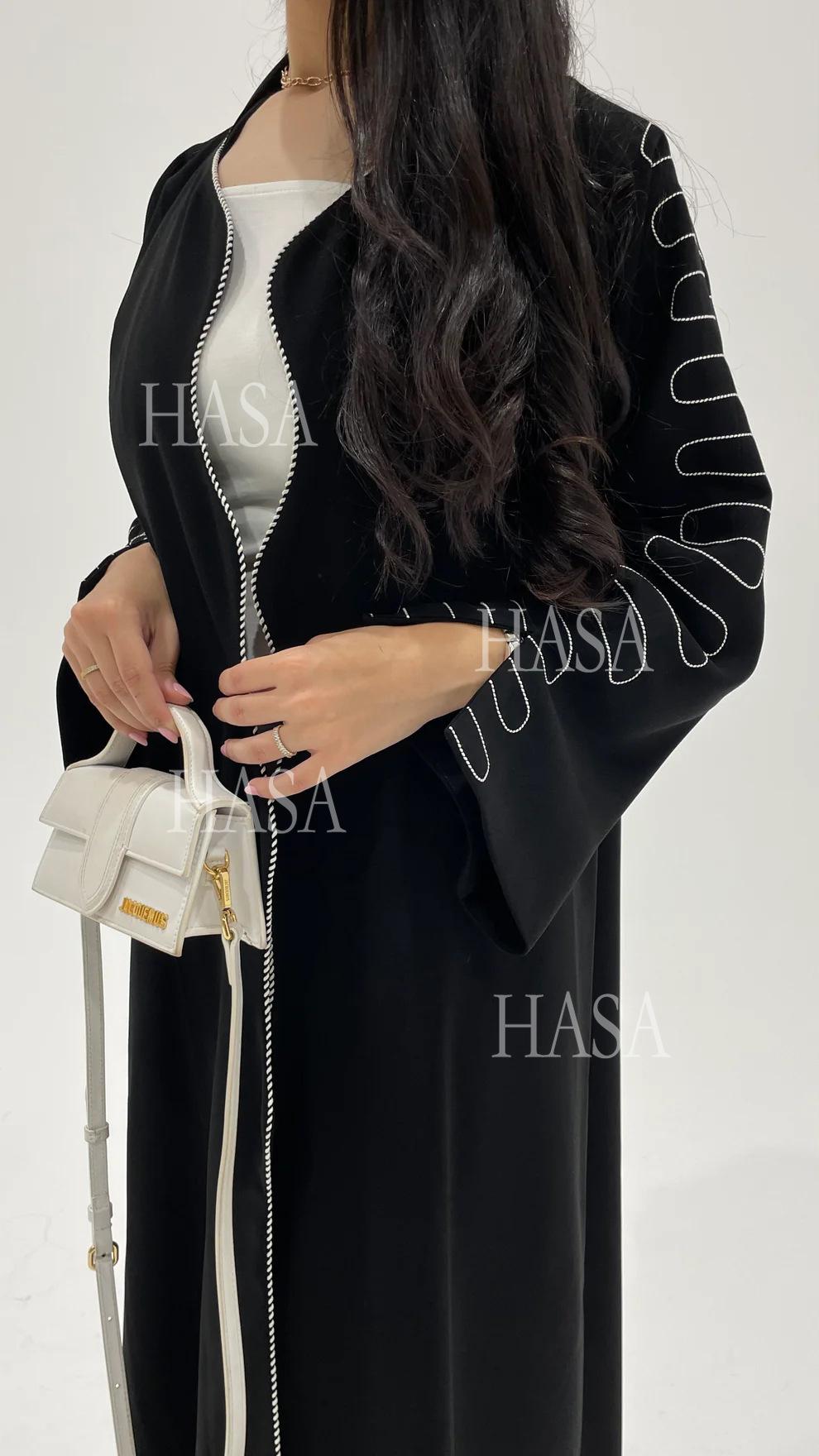 HASA's Series HS6582 Abaya Women's Long Embroidered Cardigan Jacket with Wavy Edges