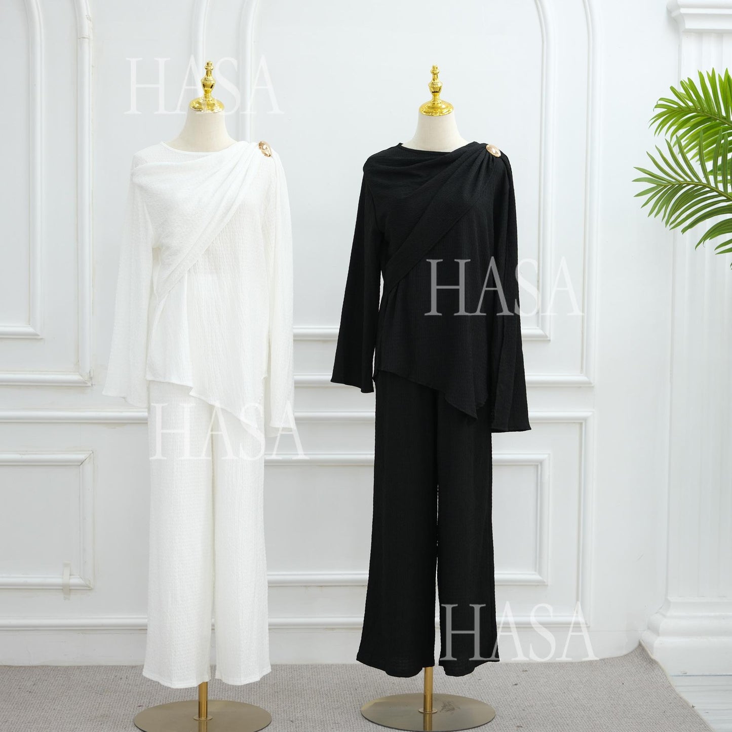 HS6568 Solid Color Design Top + Pants Two-piece Set for Daily Personality Wear