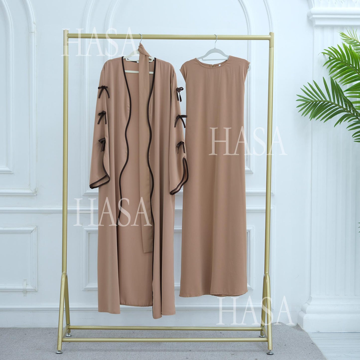 HS5883  A Two-piece Robe and Skirt Set with A Soft Bow and A Belt Design open abaya outfit