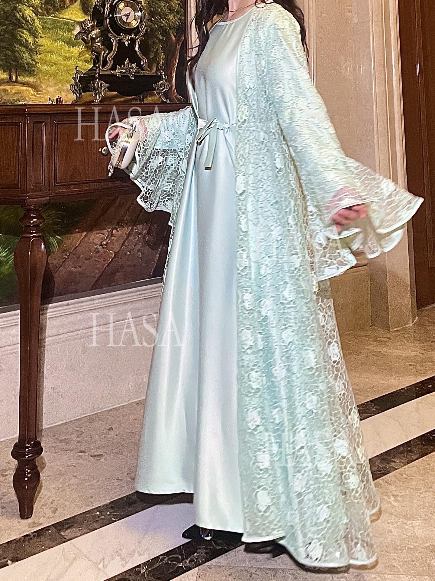 HS6488 Two-piece long dress with flared sleeves and lace sequined cape