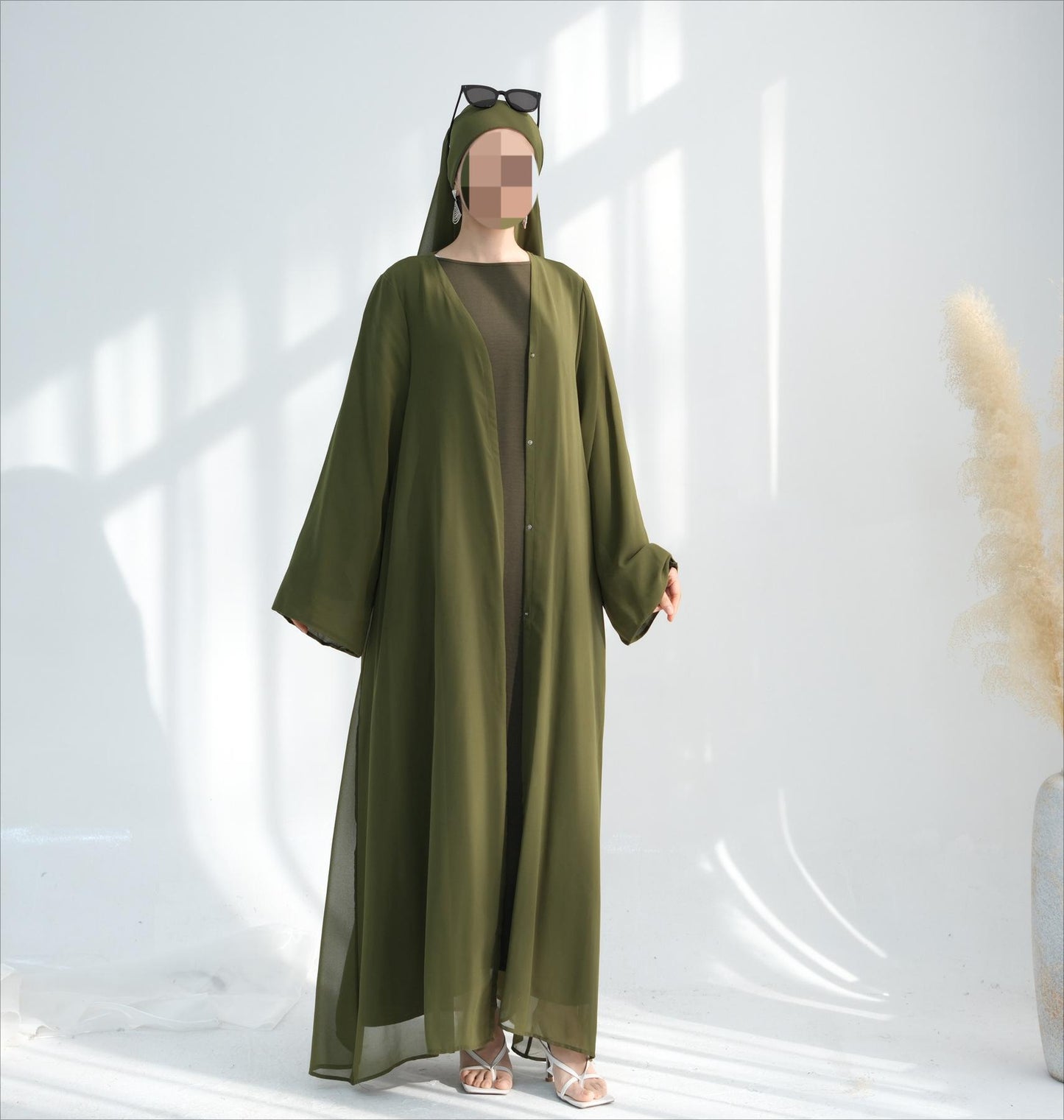 HS6513 Double-layered sleeve chiffon cardigan two-piece robe abaya (headscarf not included)