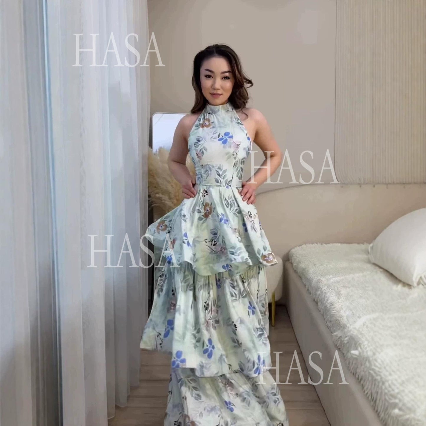 HASA HS6753 Luxury Floral Ruffle Long Dress