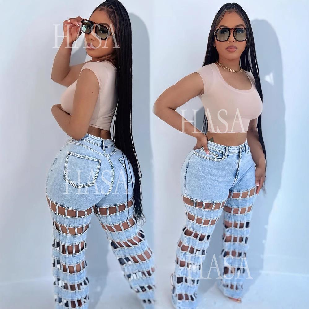 HASA HS6778 Statement High Waist Denim Pants with Cutout Leg Detail