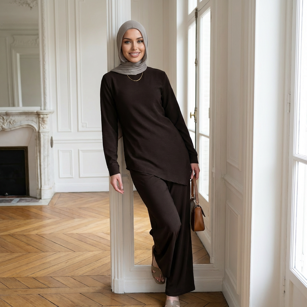 HS6614 Modest Nida Two-Piece Set with Waist Tie & Pocket Trousers