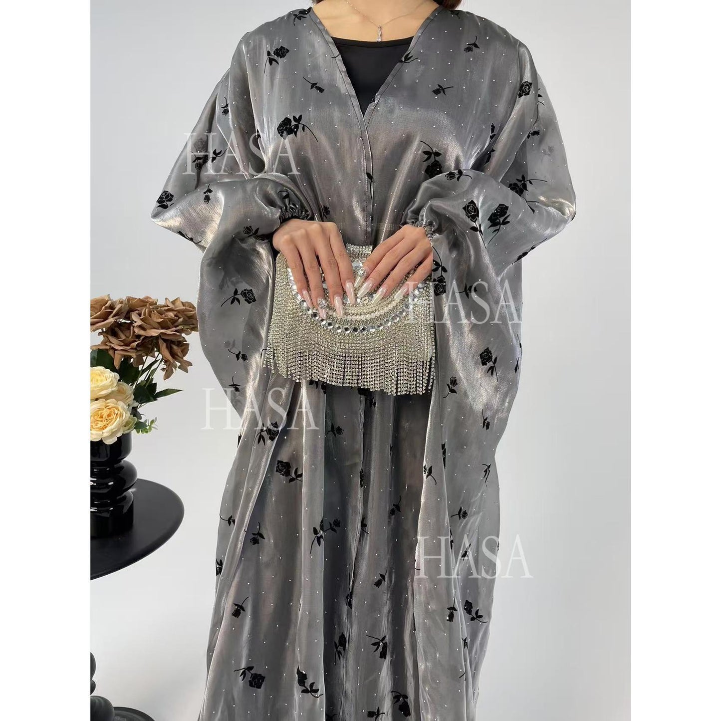 HS6536 Elegant Rose Pattern Abaya Outer Dress Set
