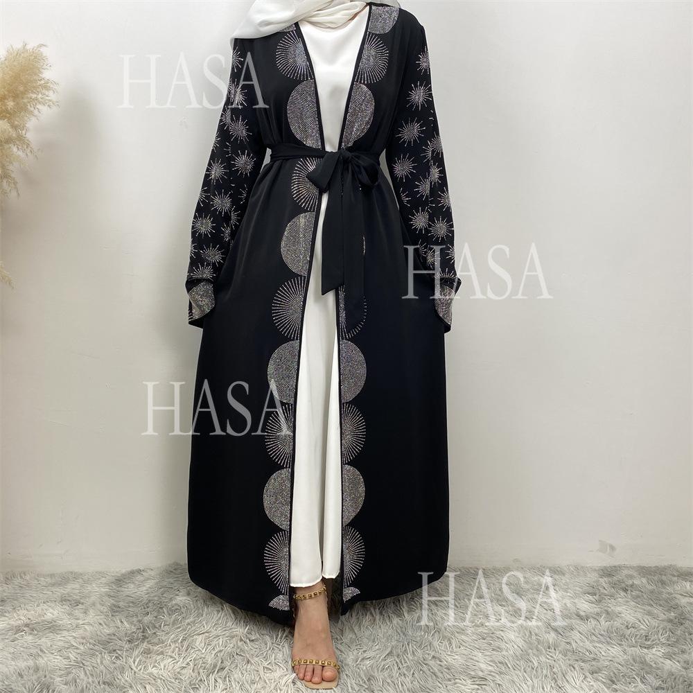HS6588 Black Cardigan Dress with Rhinestone Embellishment and Pockets