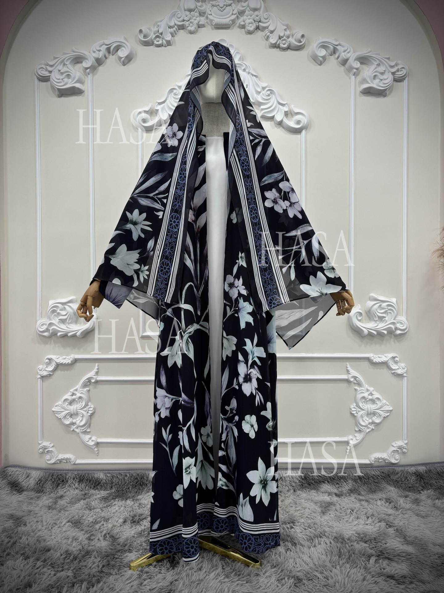 HASA HS6810 Luxury Floral Open Front Abaya Set
