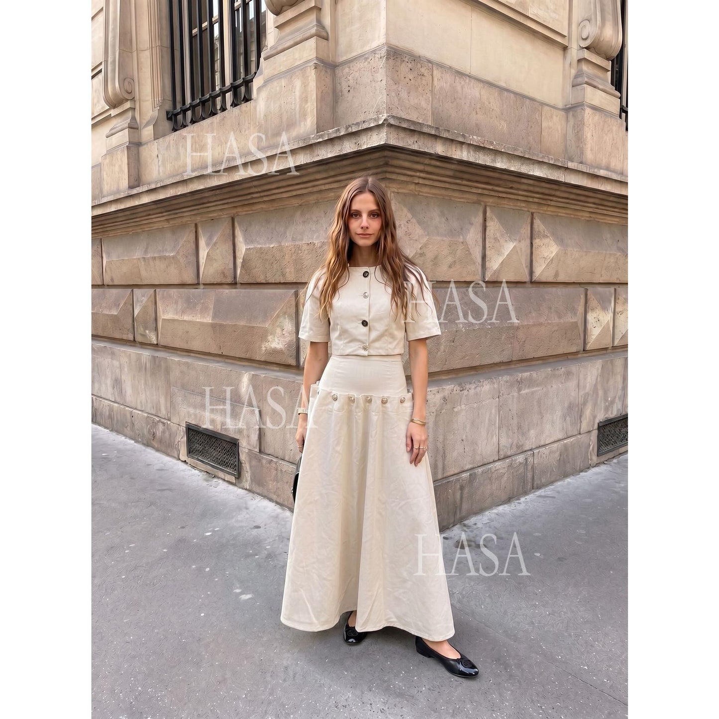 HASA HS6786 Luxury Look Dark Wash Denim Crop Top and Long Skirt Outfit
