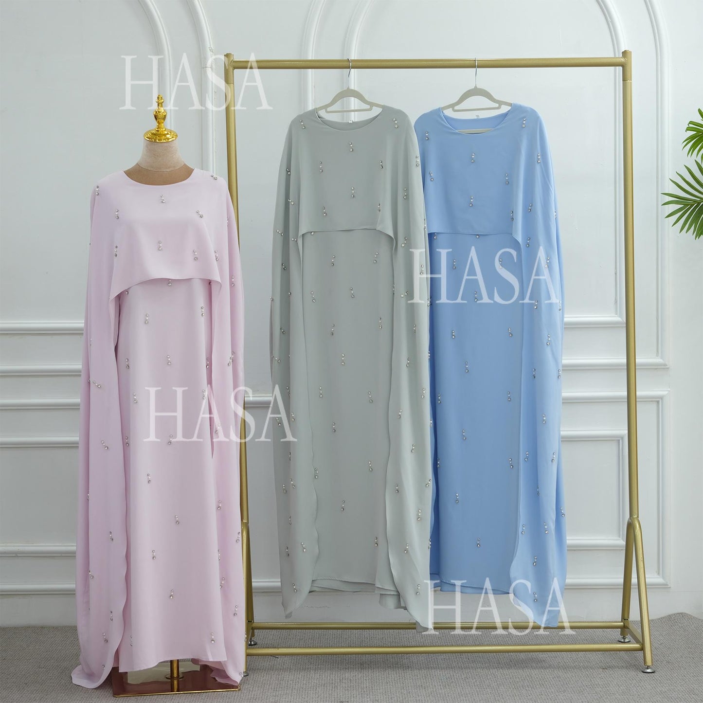 HS6505 Solid color beaded long dress with fake two-piece design