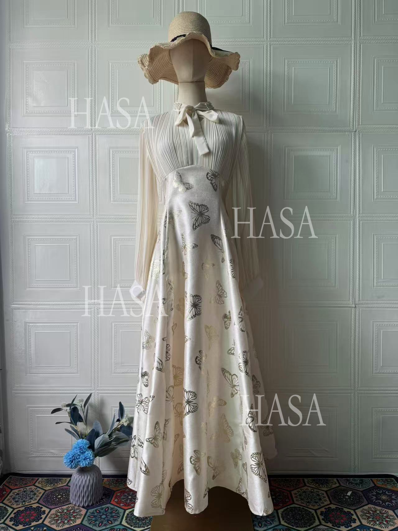 HS6734 Flowy Feminine Maxi Dress with Embroidered Butterfly Design