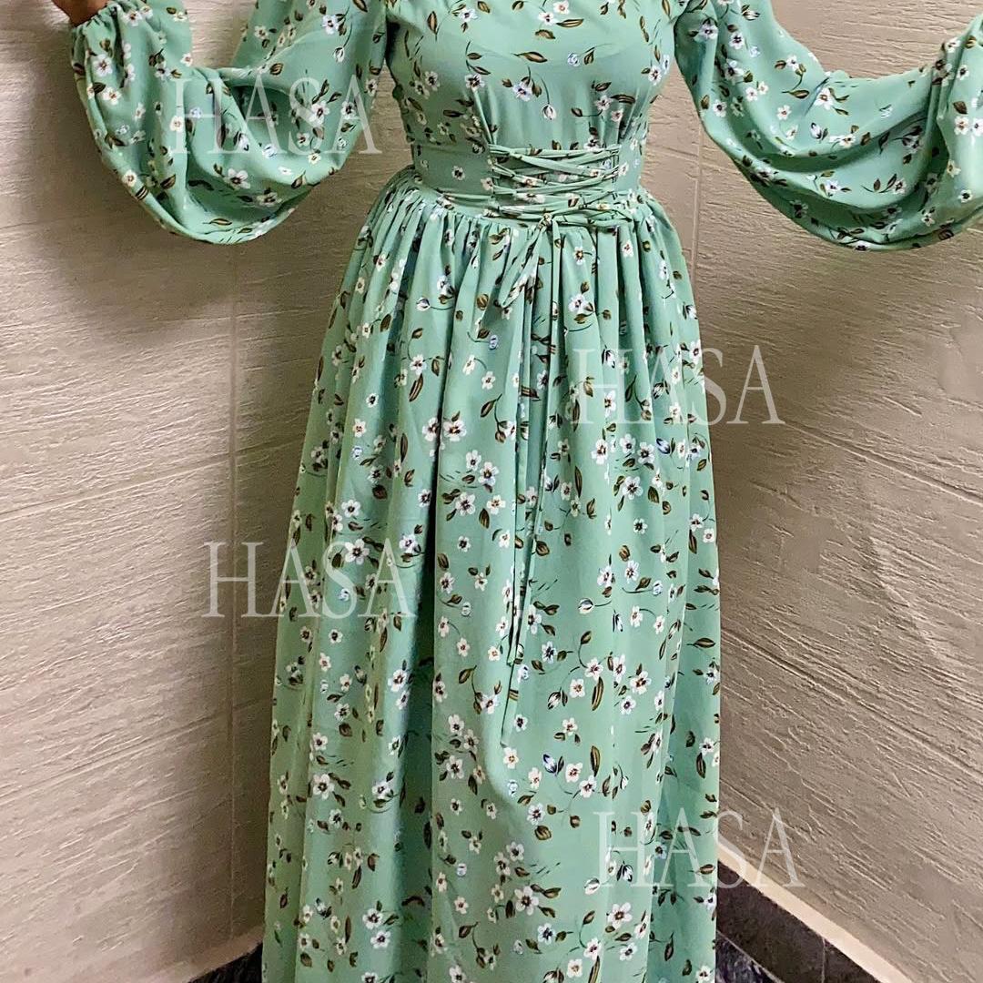 HS6489 Long-sleeved Floral Maxi Dress with Natural Waist