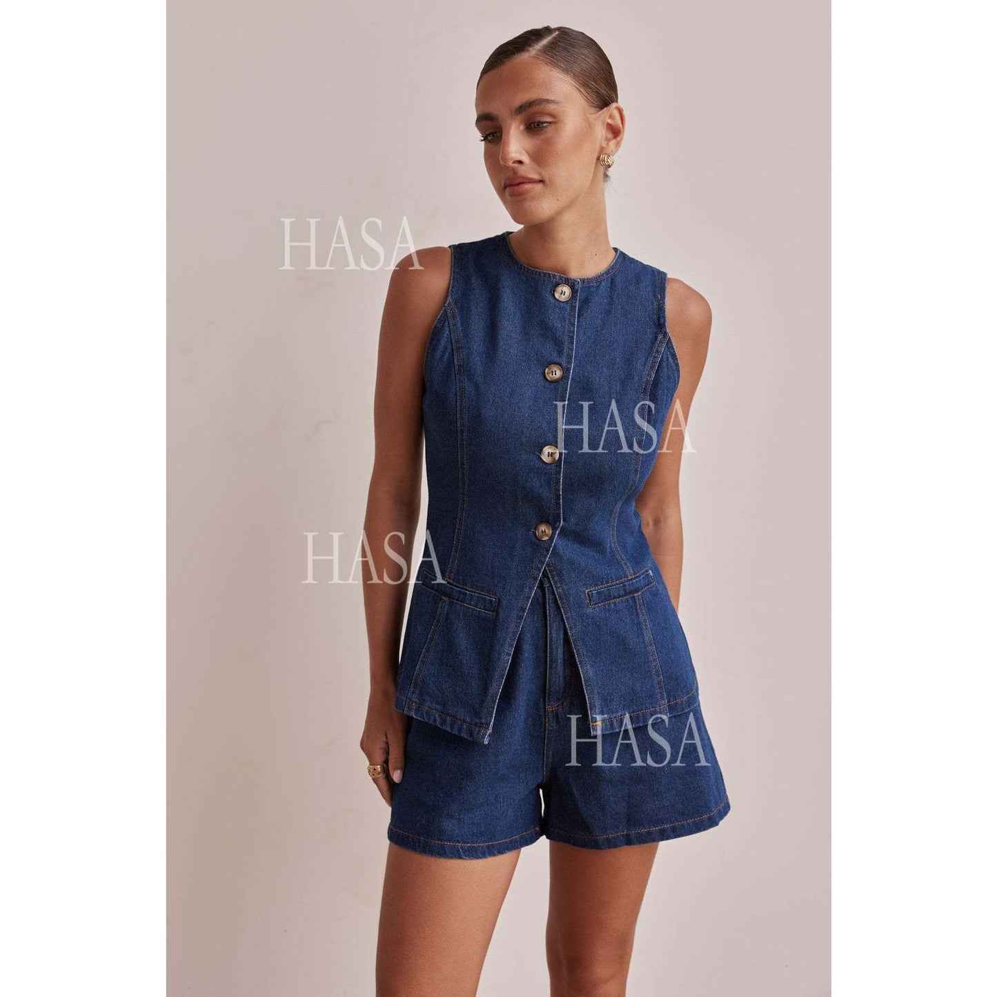 HASA HS6097 Women’s Button Front Denim Top with Matching Shorts
