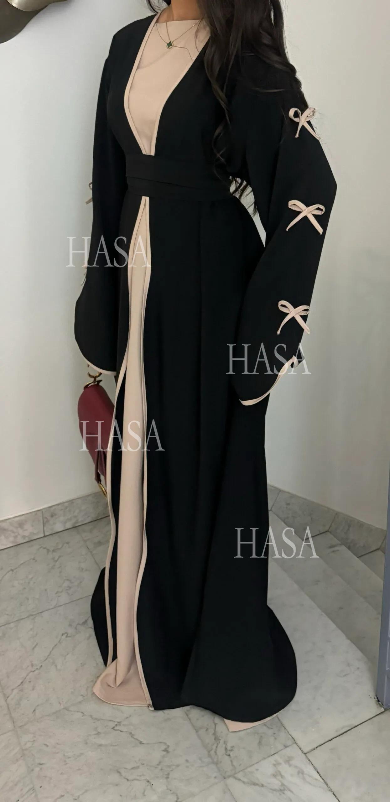 HS5883  A Two-piece Robe and Skirt Set with A Soft Bow and A Belt Design open abaya outfit
