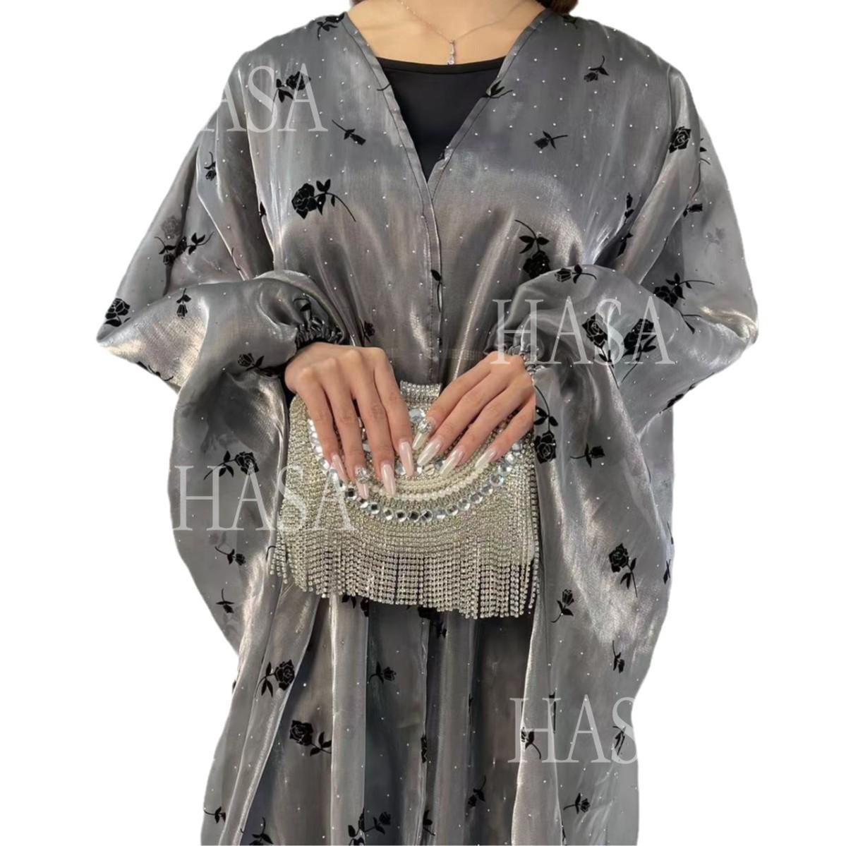 HS6536 Elegant Rose Pattern Abaya Outer Dress Set