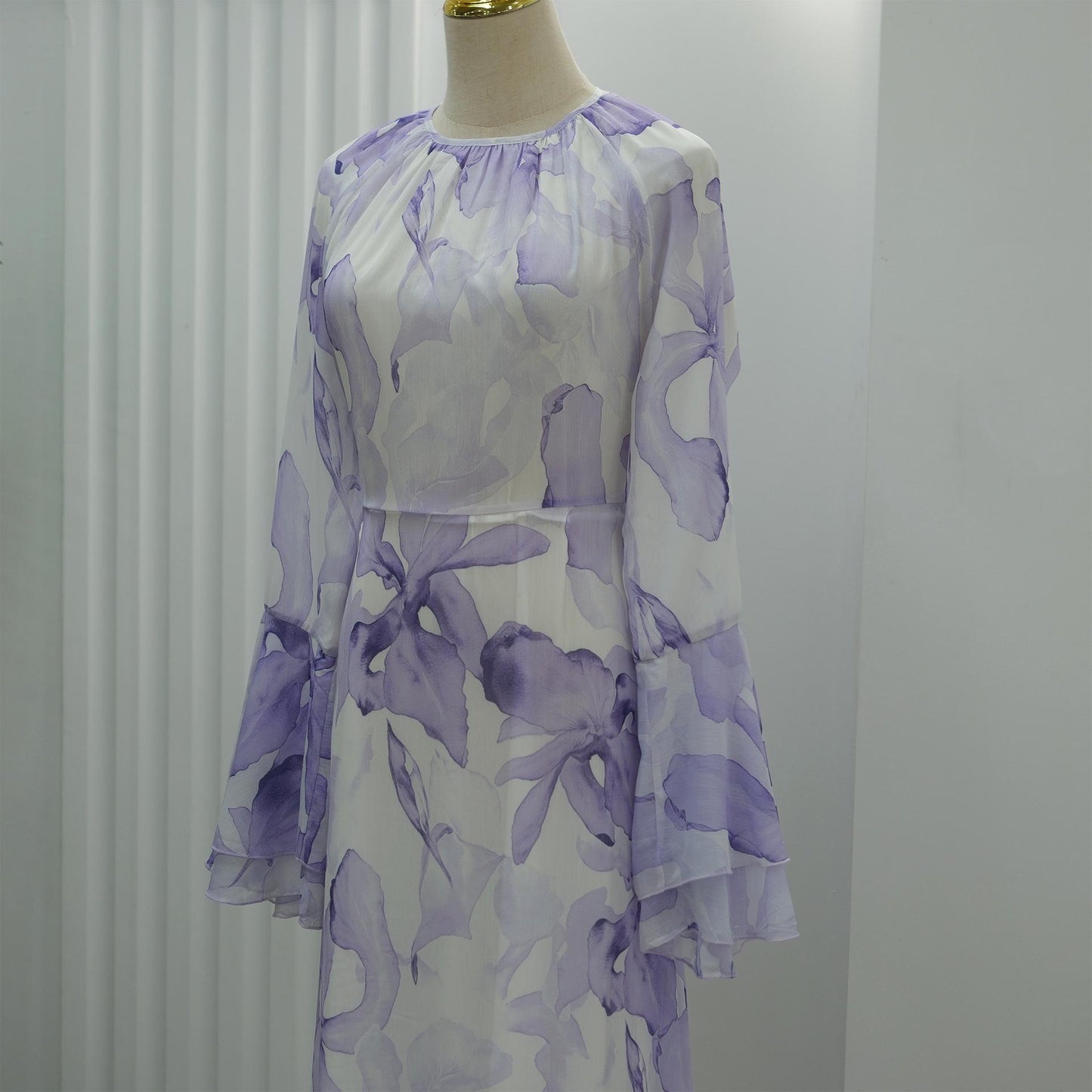 HASA HS6811 Chiffon Floral Maxi Dress Flare Ruffle Sleeve Elegant Long Dress for Women Daily Party Wear
