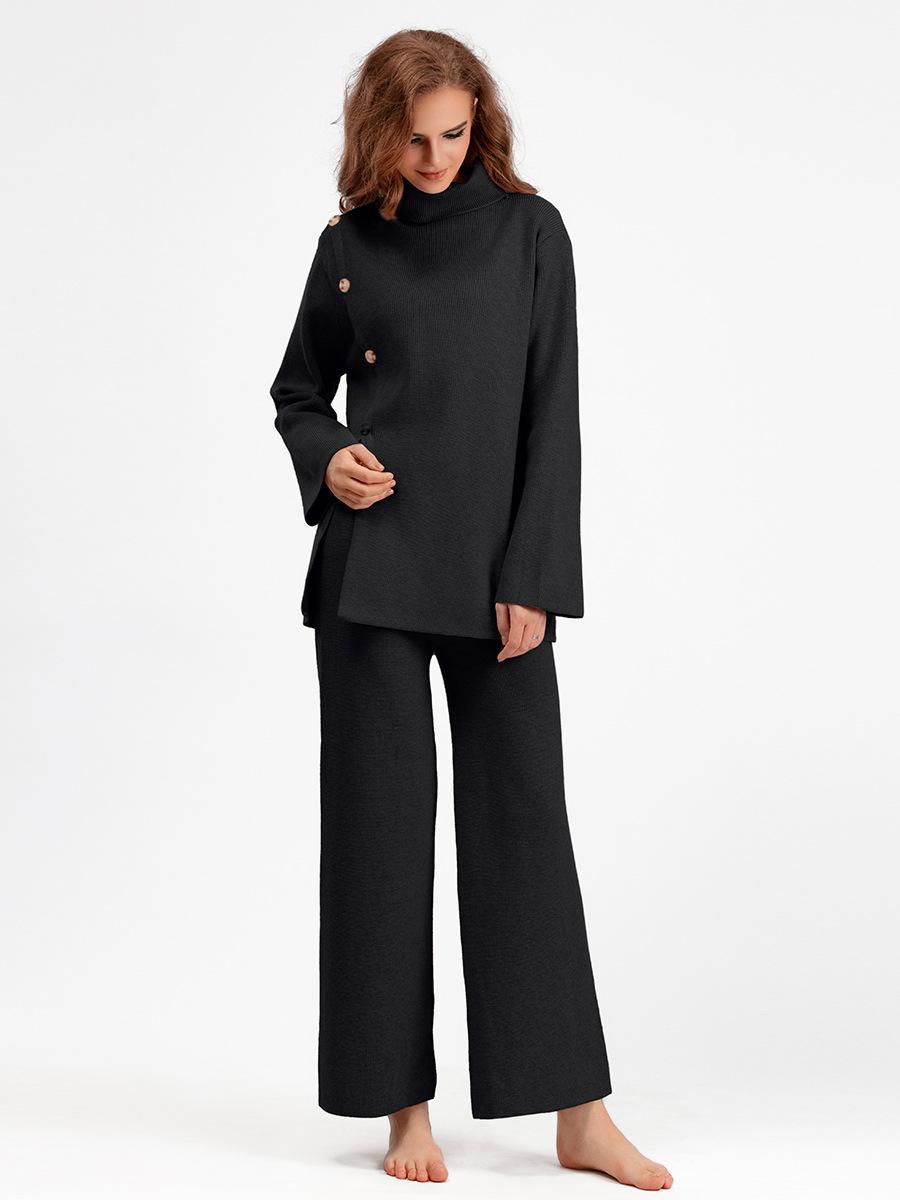 HS0553 Two-Piece Set High-Neck Sweater and Casual Wide-Leg Trousers
