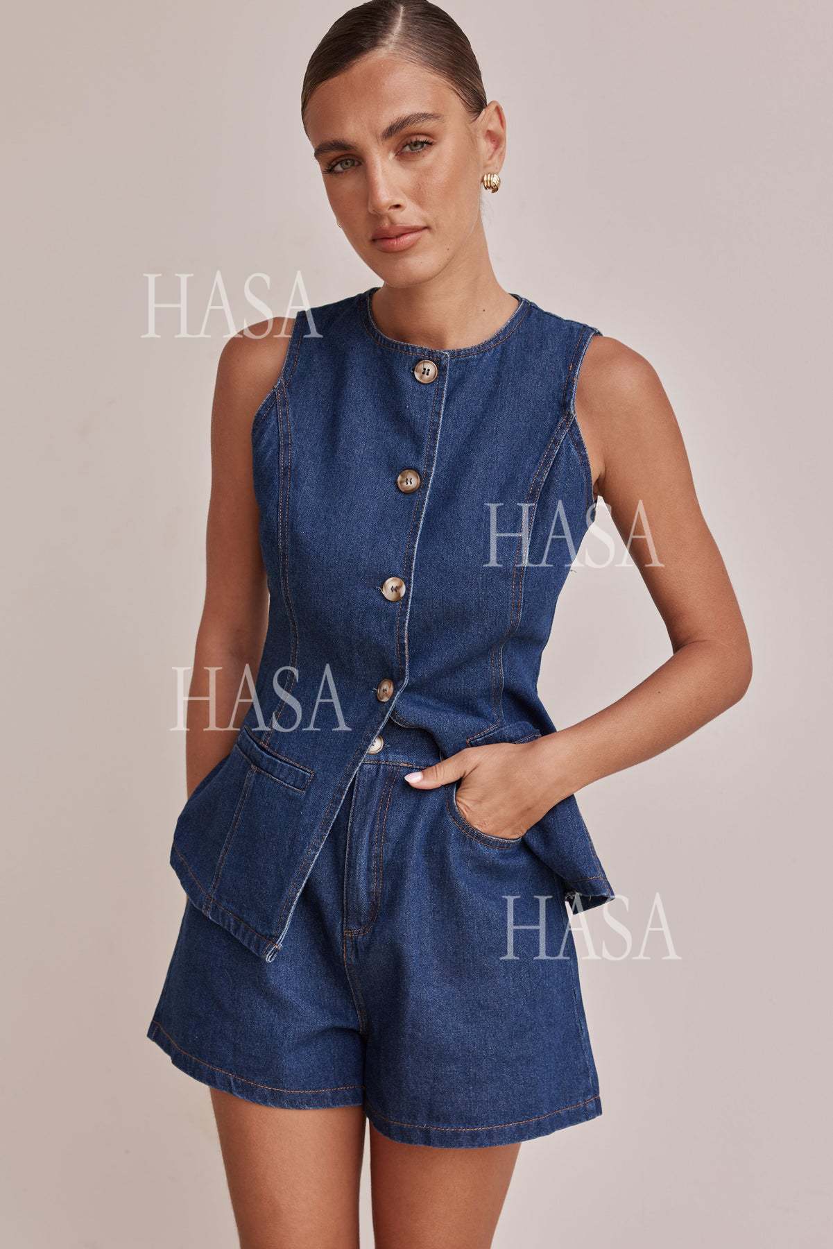 HASA HS6097 Women’s Button Front Denim Top with Matching Shorts