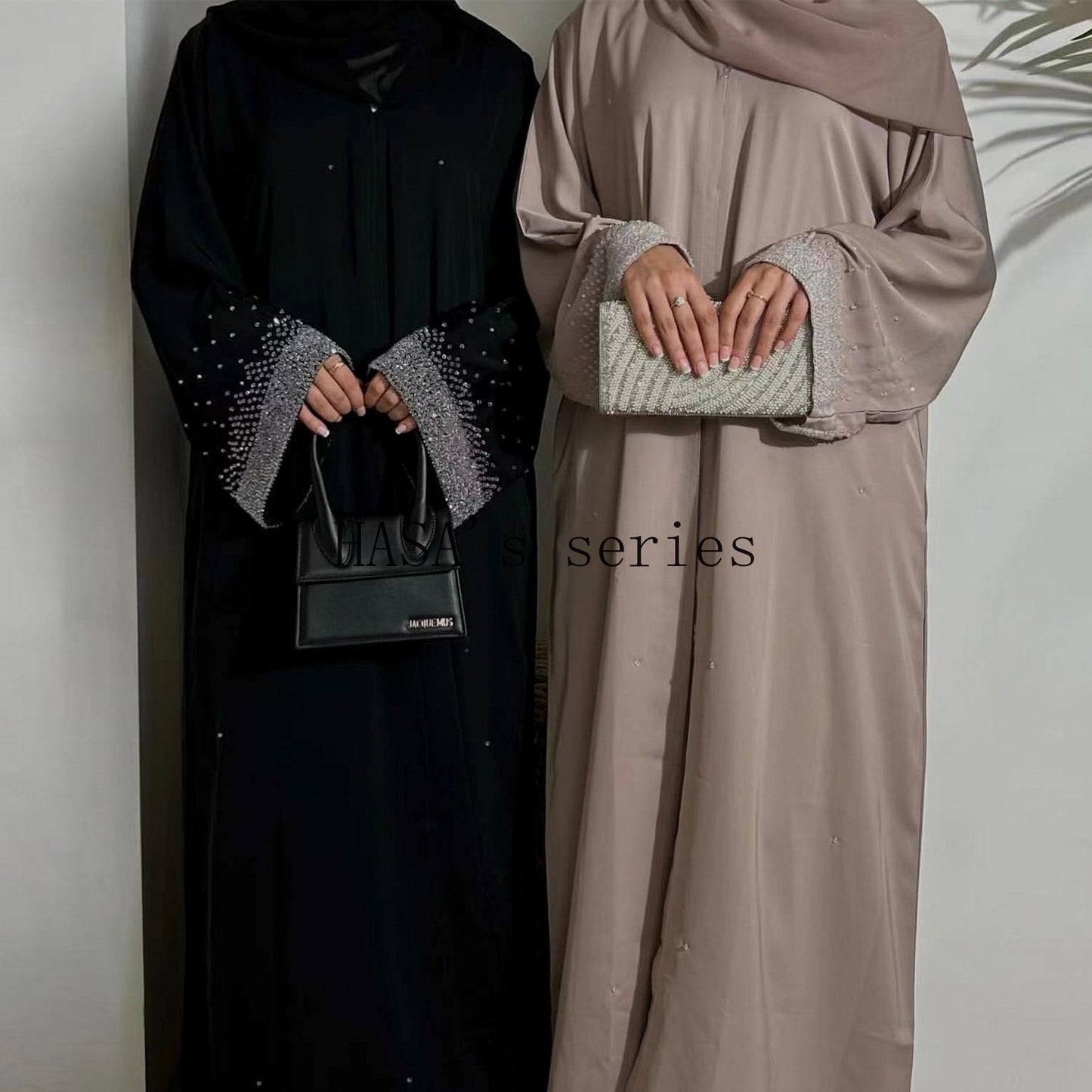 HS4837 Simple and Elegant Two-piece Set: A Cardigan and A Long Dress with Rhinestone Details on The Cuffs.
