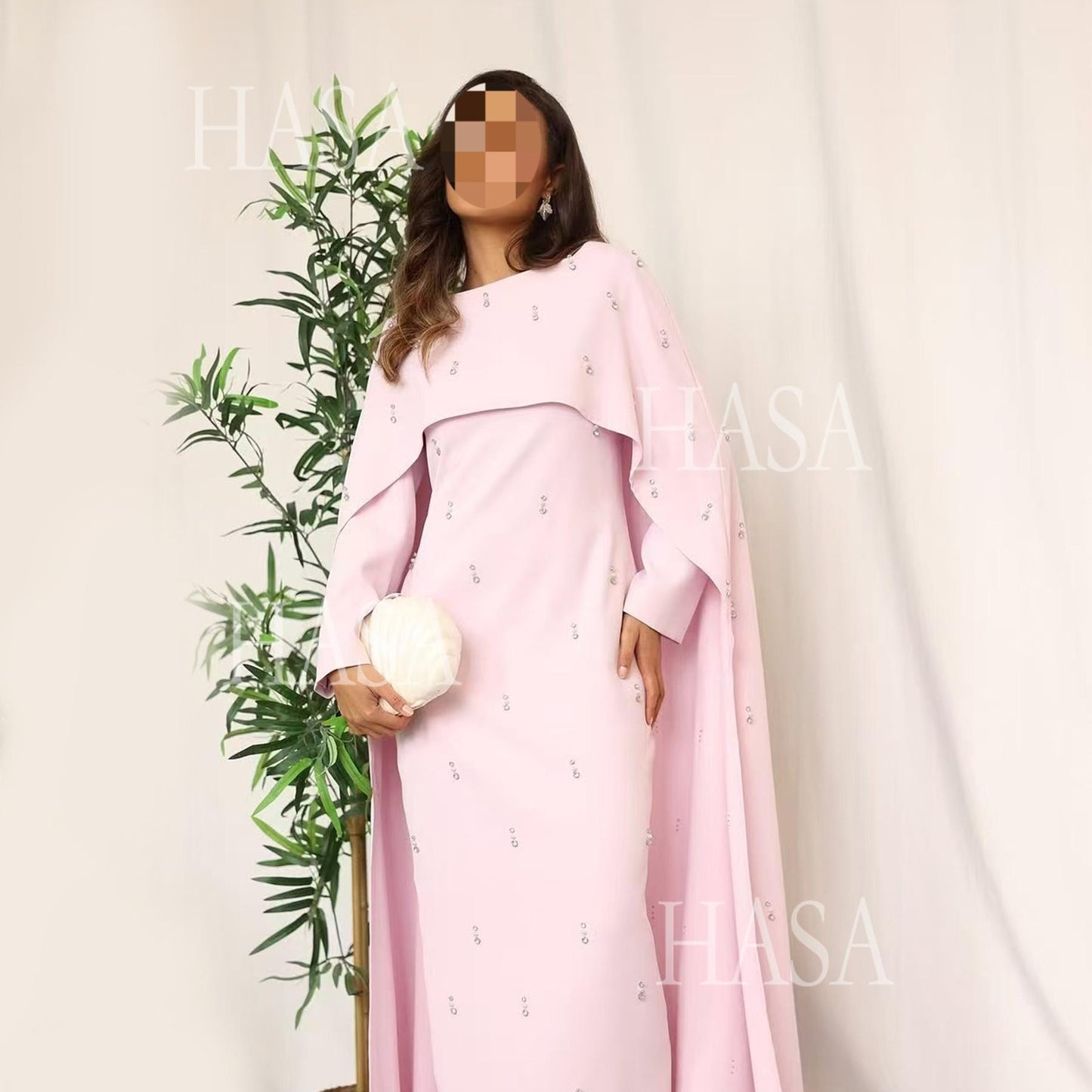 HS6505 Solid color beaded long dress with fake two-piece design